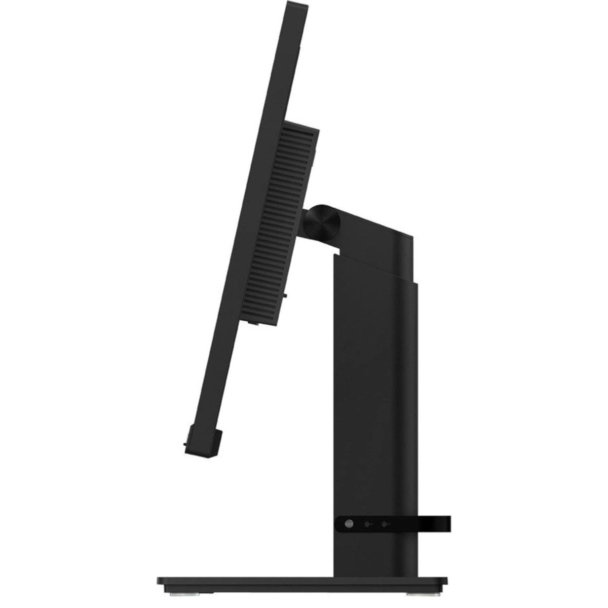Un monitor di computer nero su un supporto, visto di lato.