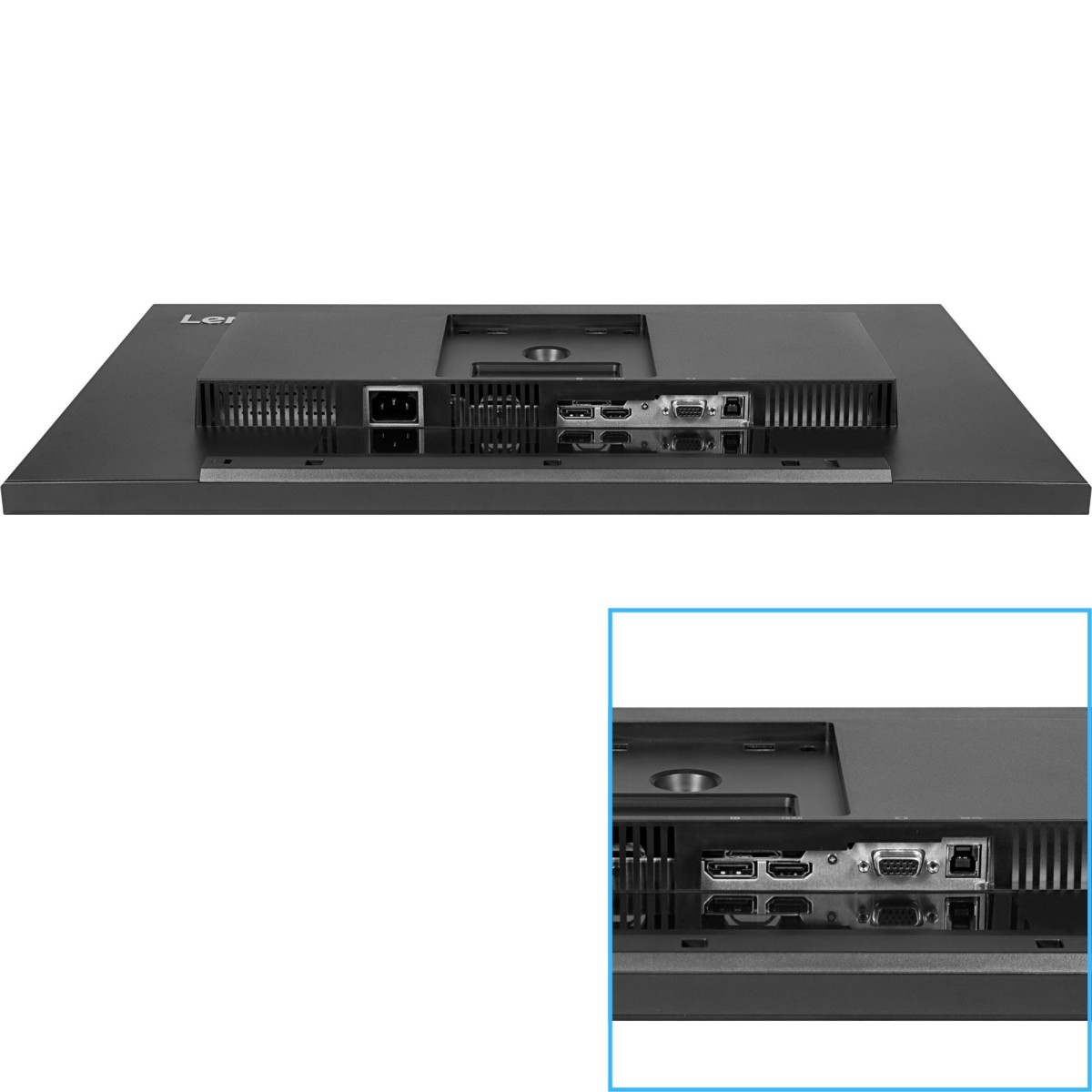 Retro di un monitor nero con porte di alimentazione, HDMI e VGA.