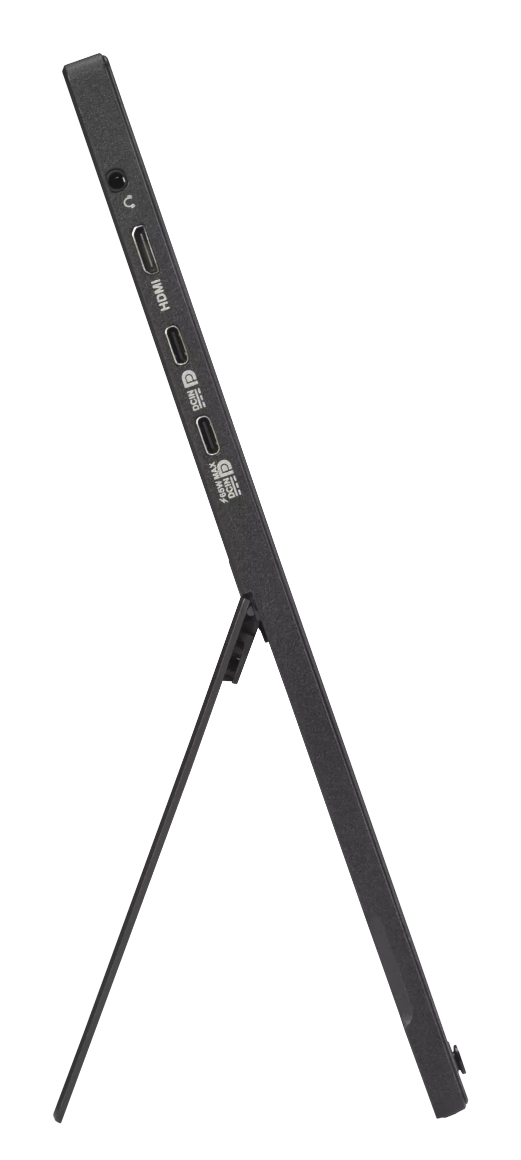 Czarny laptop z rozkładaną podstawką, widoczne porty z boku.