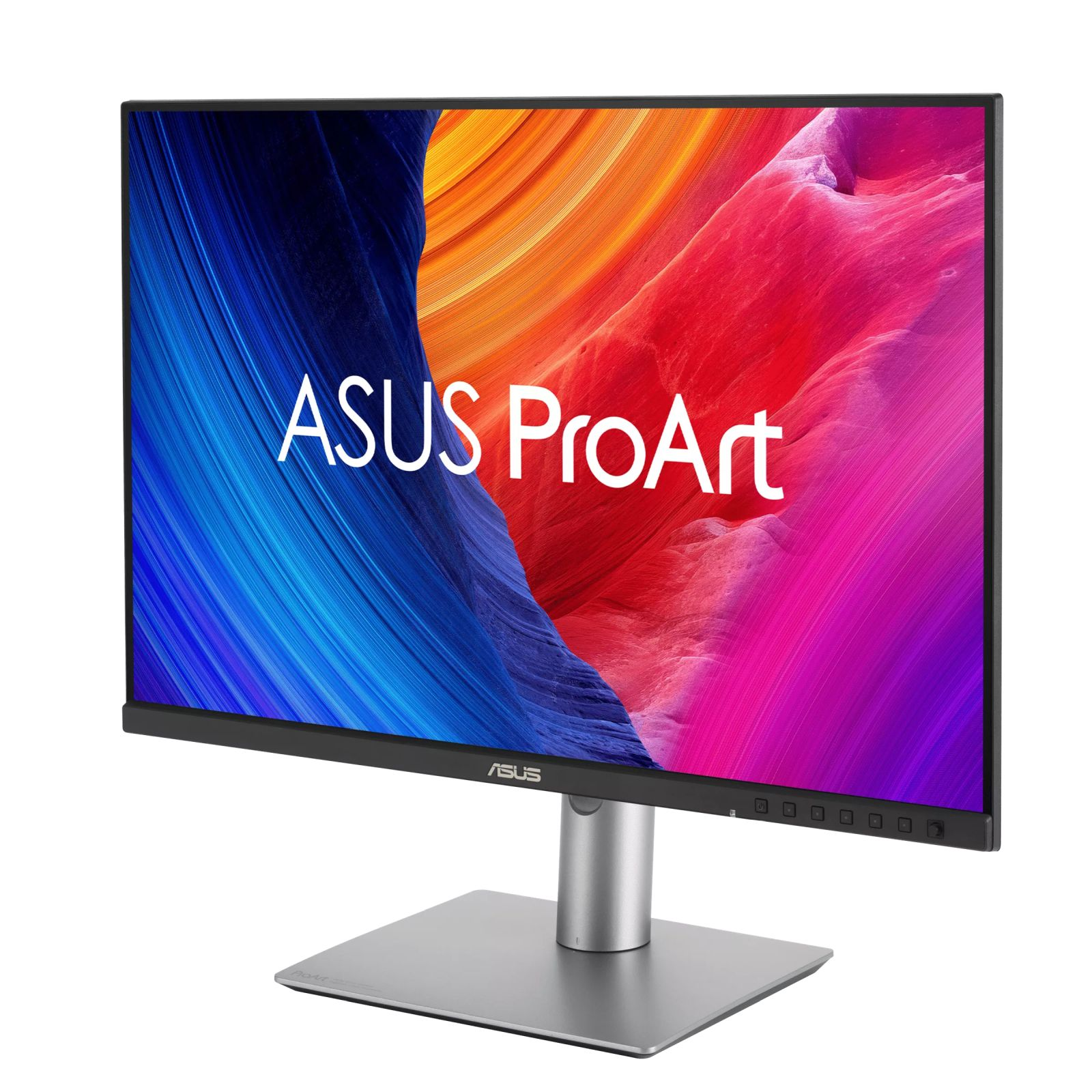 Un monitor ASUS ProArt con fondo abstracto colorido y base plateada.