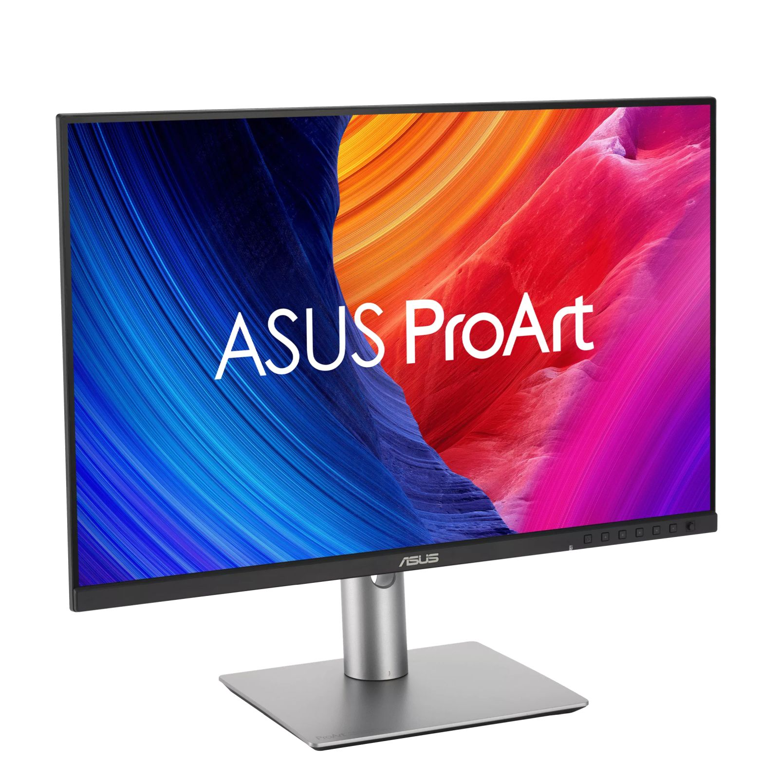 An ASUS ProArt monitor displaying a colorful abstract background.