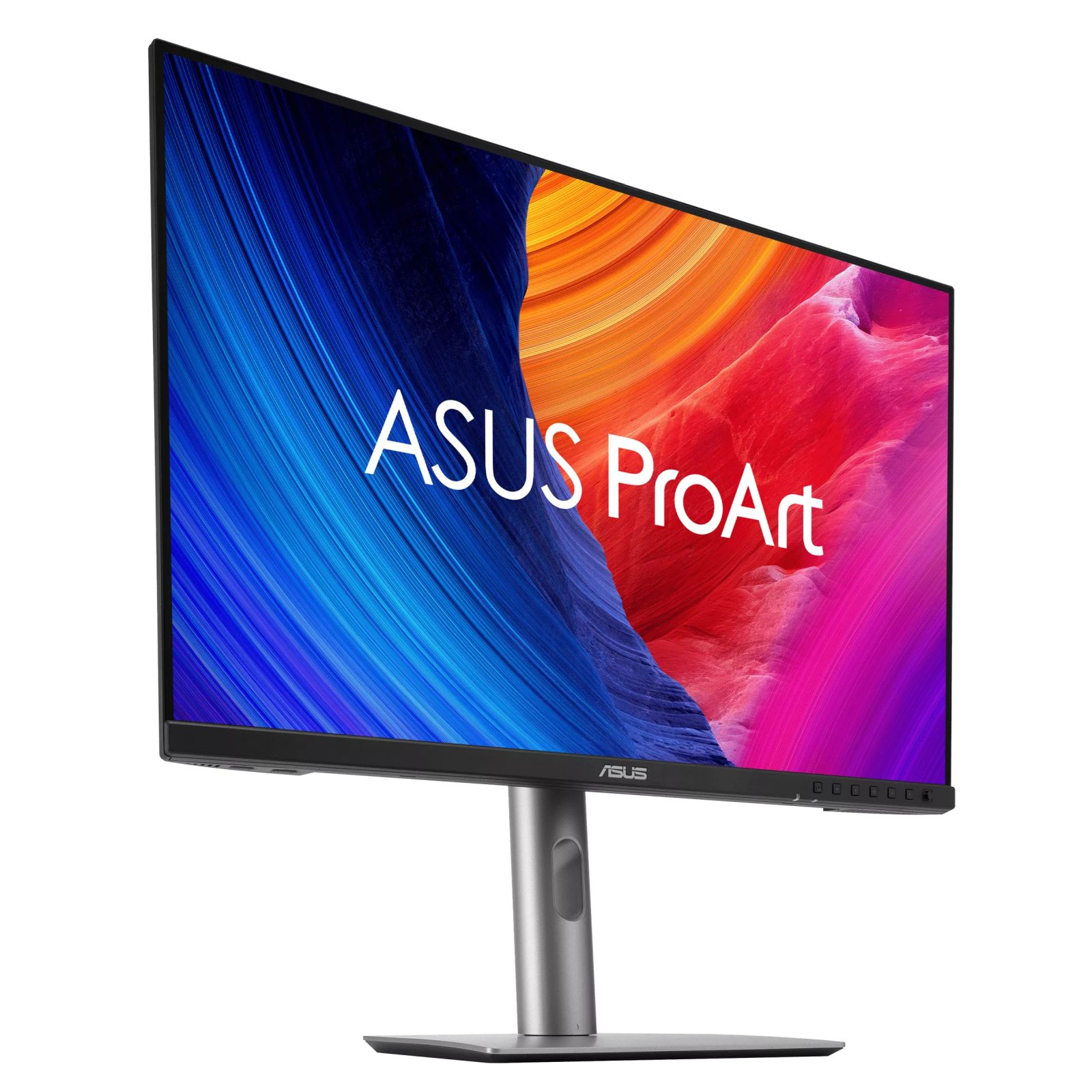 An ASUS ProArt monitor displaying a colorful wallpaper with the ASUS logo.