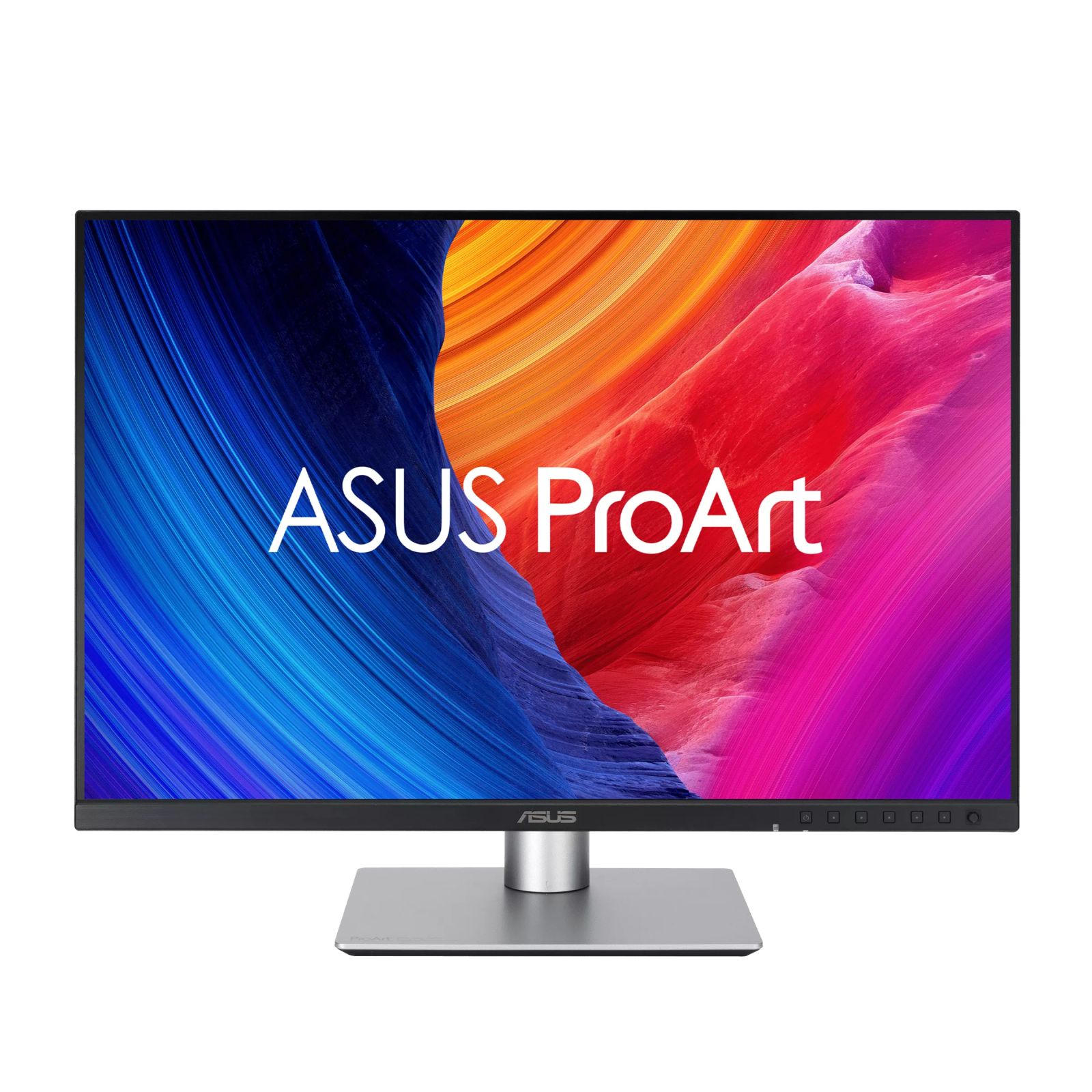 An Asus ProArt monitor displaying a colorful background and the Asus logo.