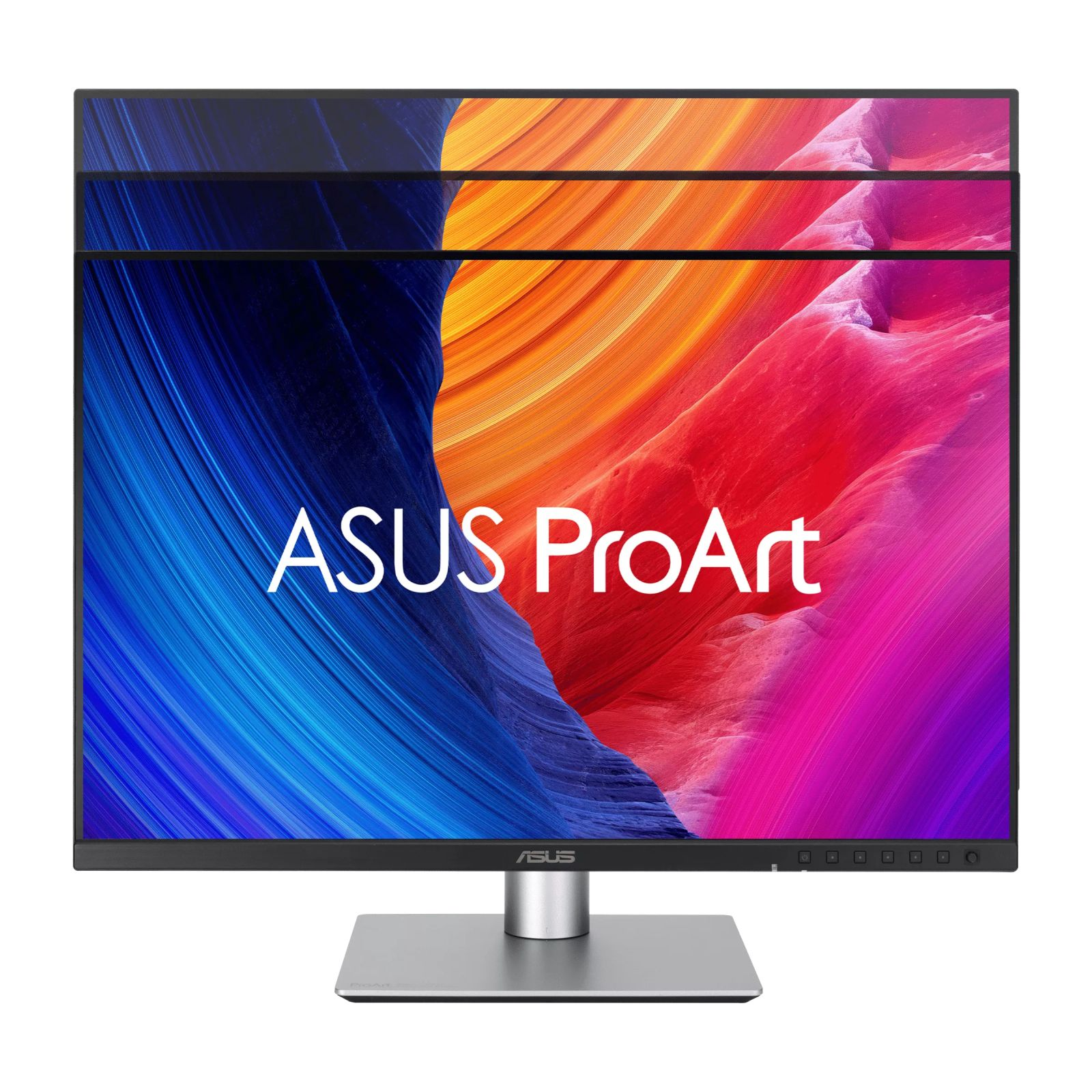 An Asus ProArt monitor displaying a colorful abstract background with the ASUS logo.