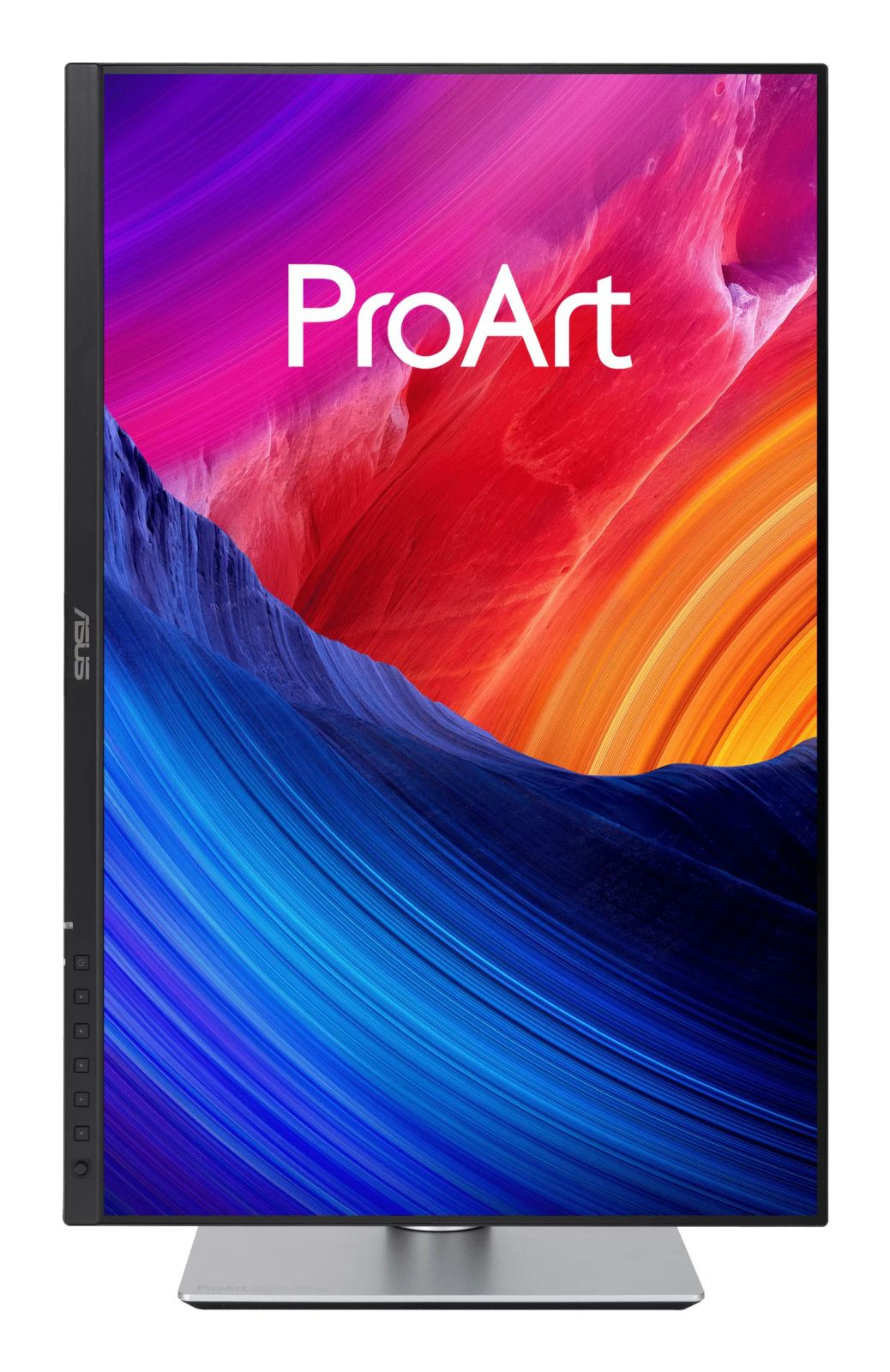 A ProArt monitor displays a vibrant abstract wallpaper with blue, purple, red, and orange hues.