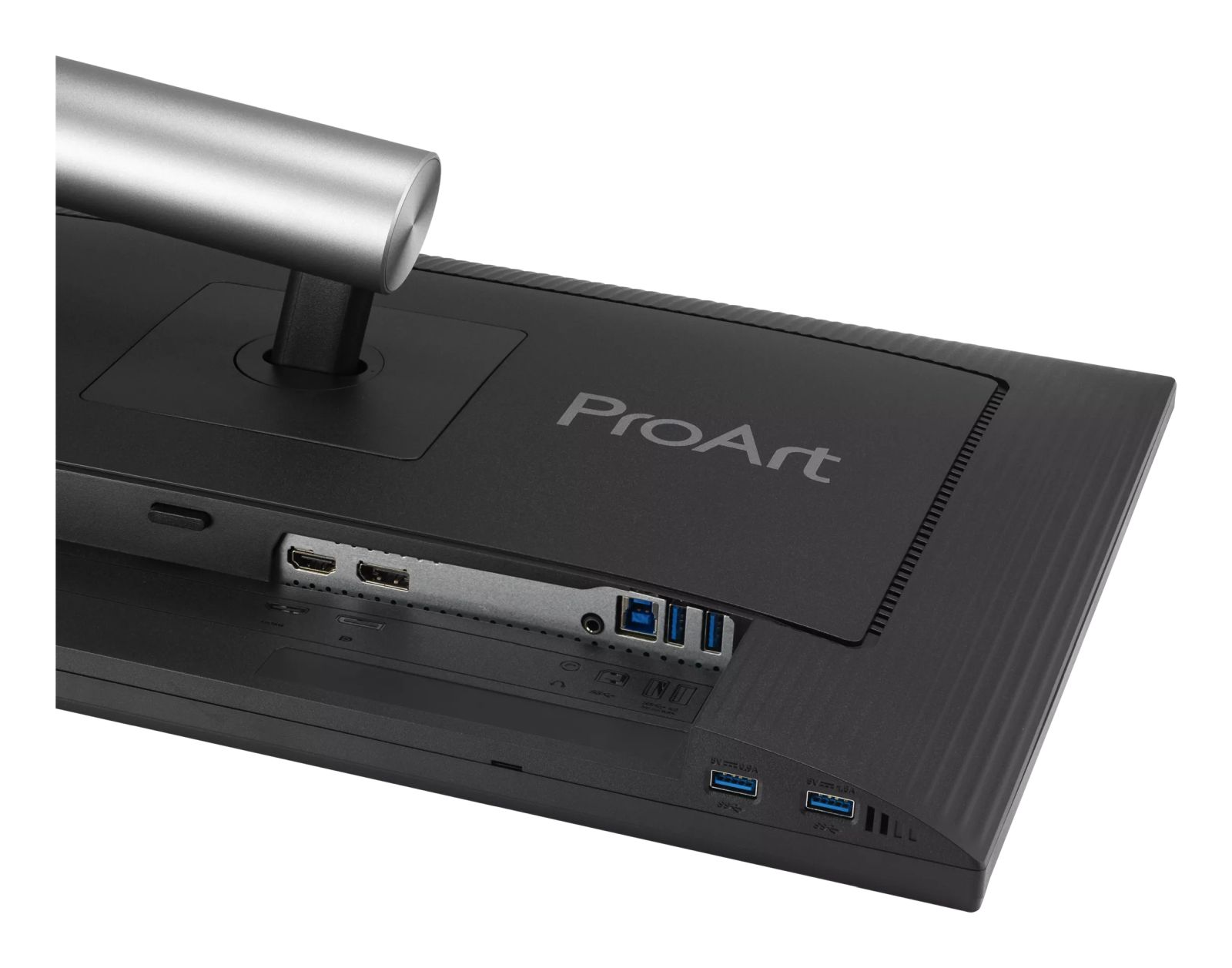 Back of a black monitor with ProArt logo and ports.