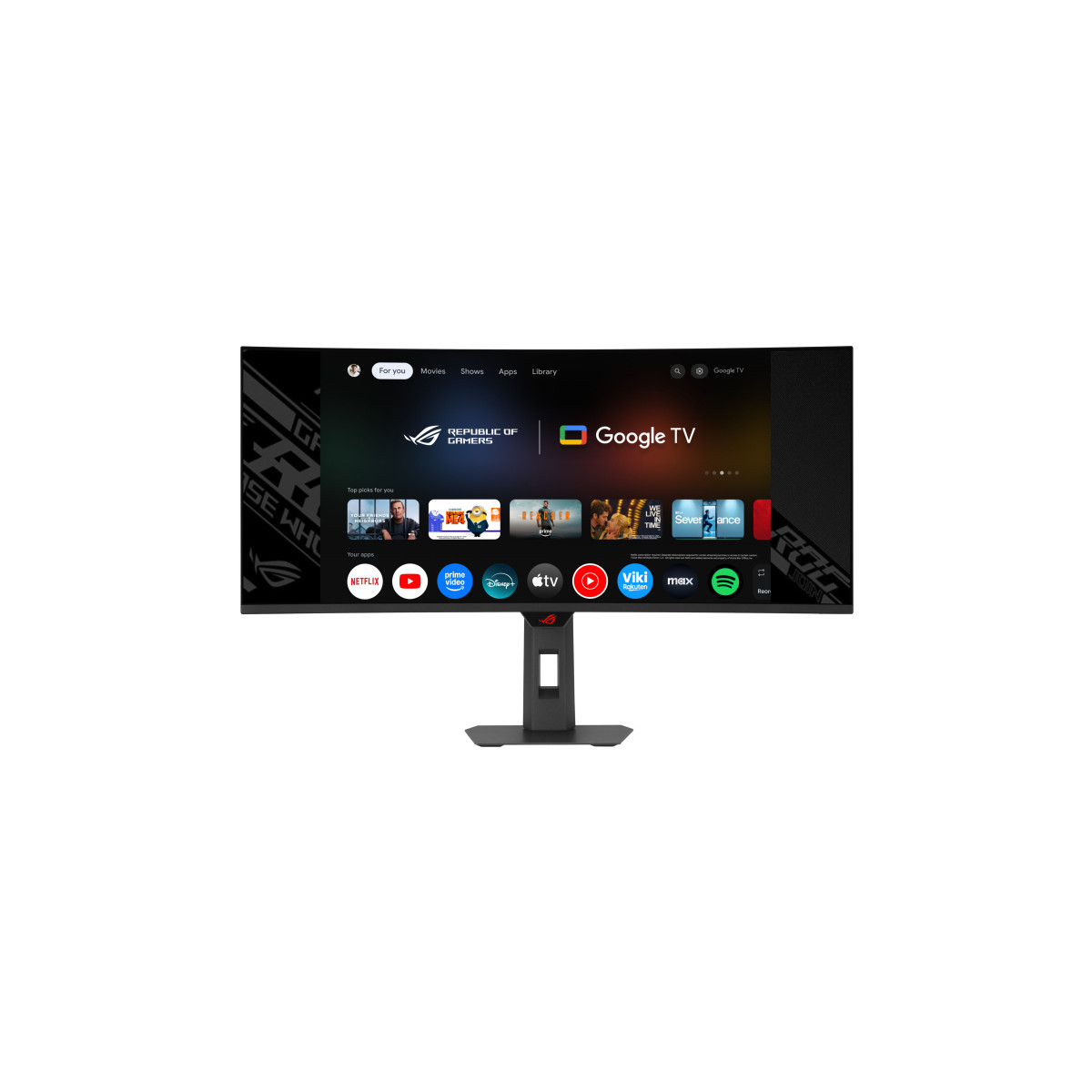 Zakrzywiony monitor wyświetlający interfejs Google TV z ikonami aplikacji.