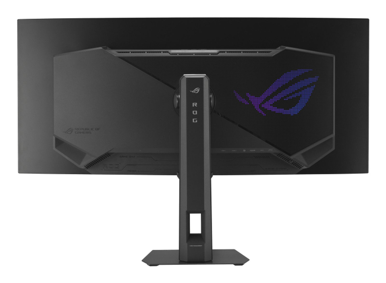 Tył czarnego monitora z logo ROG i napisem "Republic of Gamers".