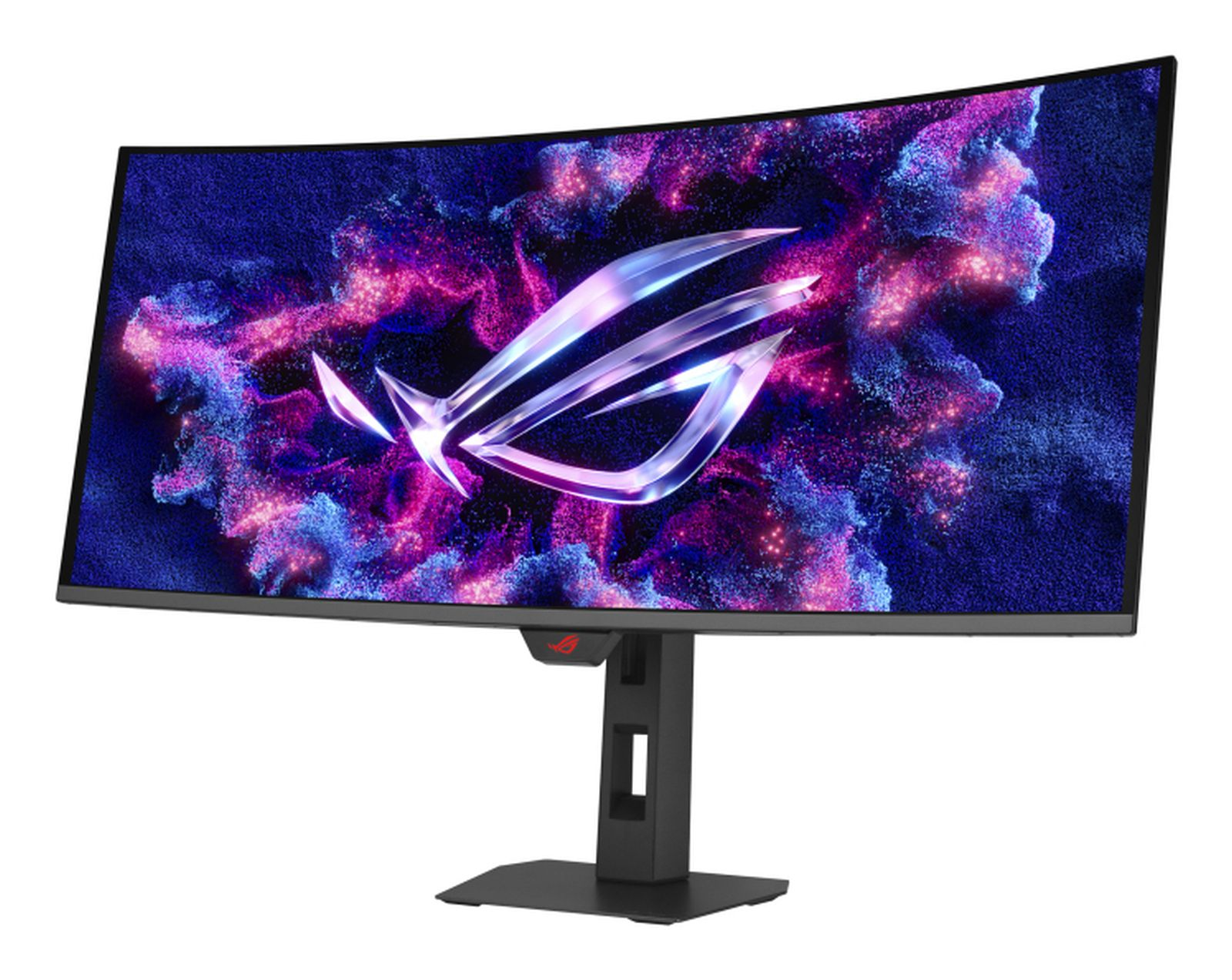 Zakrzywiony monitor ultrawide wyświetla logo ROG na tle abstrakcyjnym fioletowo-różowym.