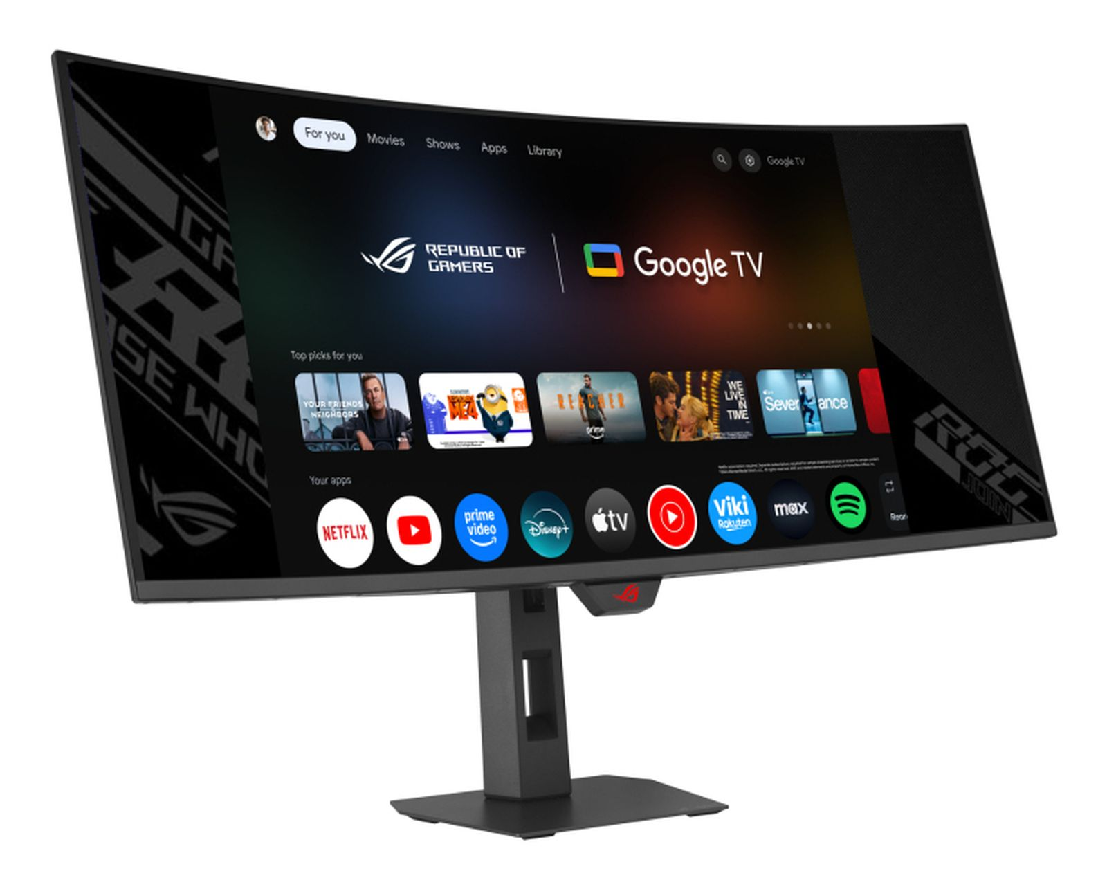 Zakrzywiony monitor gamingowy wyświetla interfejs Google TV z aplikacjami takimi jak Netflix, Prime Video i Disney+.