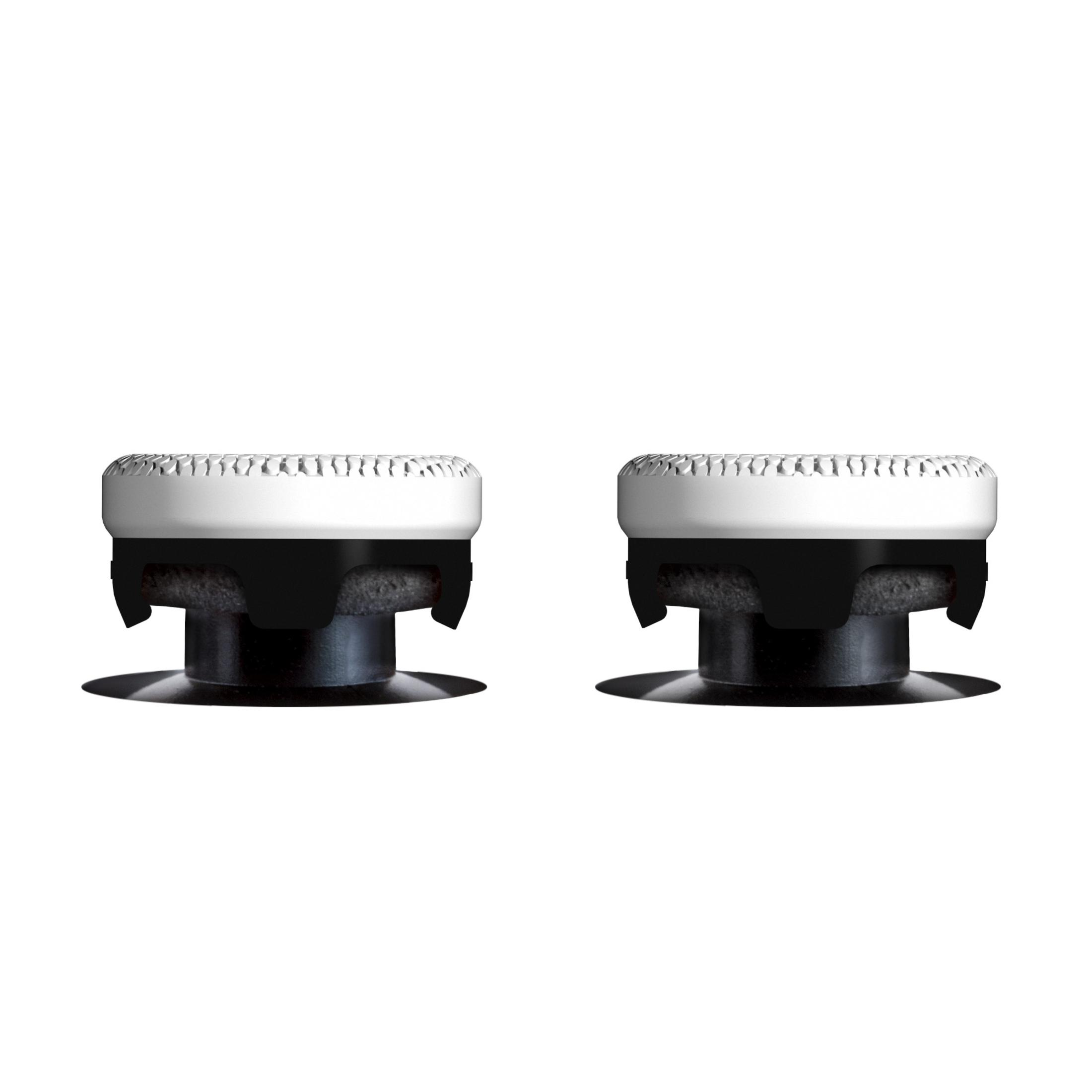 Zwei weiße und schwarze Joystick-Kappen nebeneinander auf weißem Hintergrund.