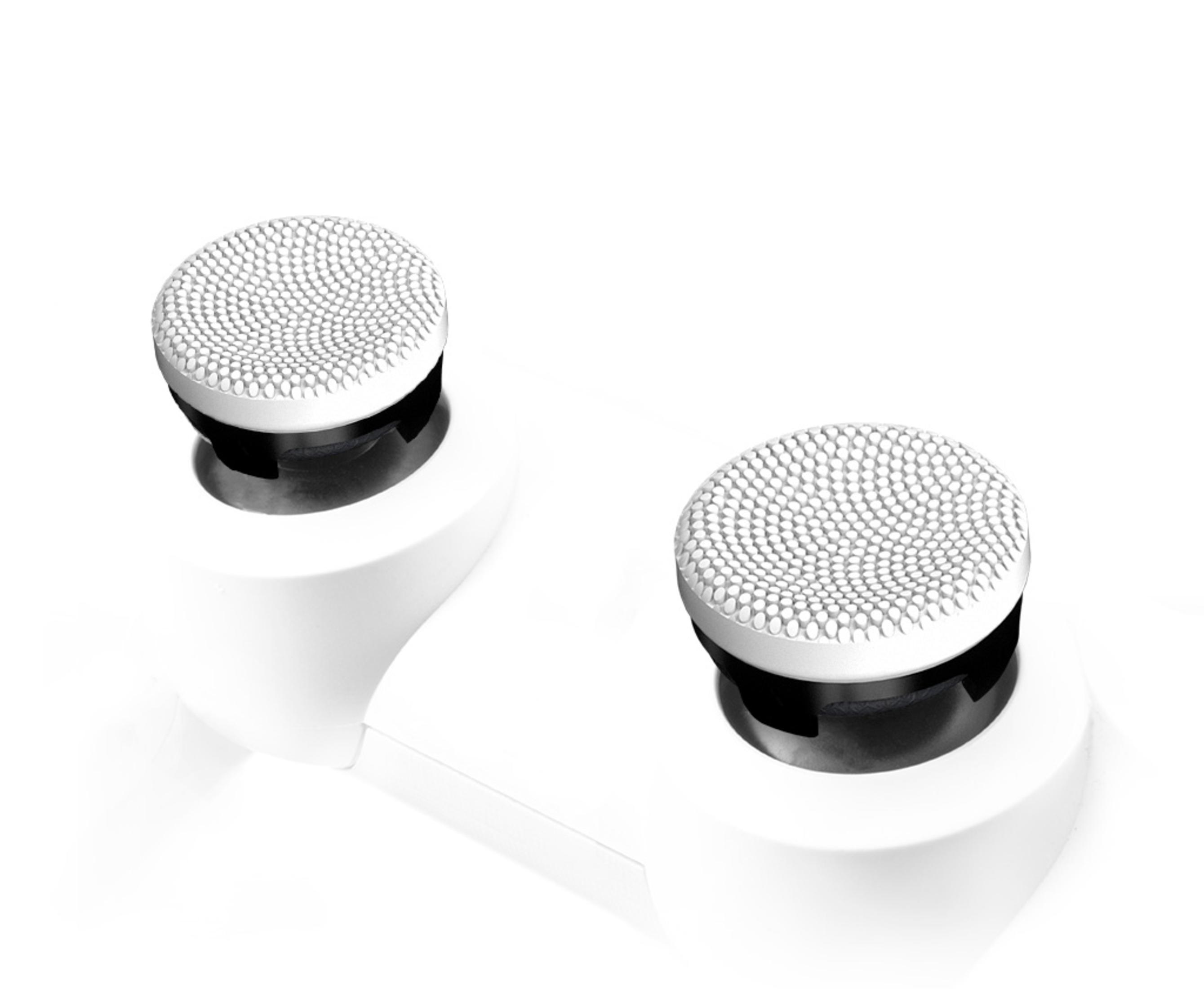 Zwei weiße Joystick-Kappen mit einer strukturierten Oberfläche auf einem weißen Hintergrund.