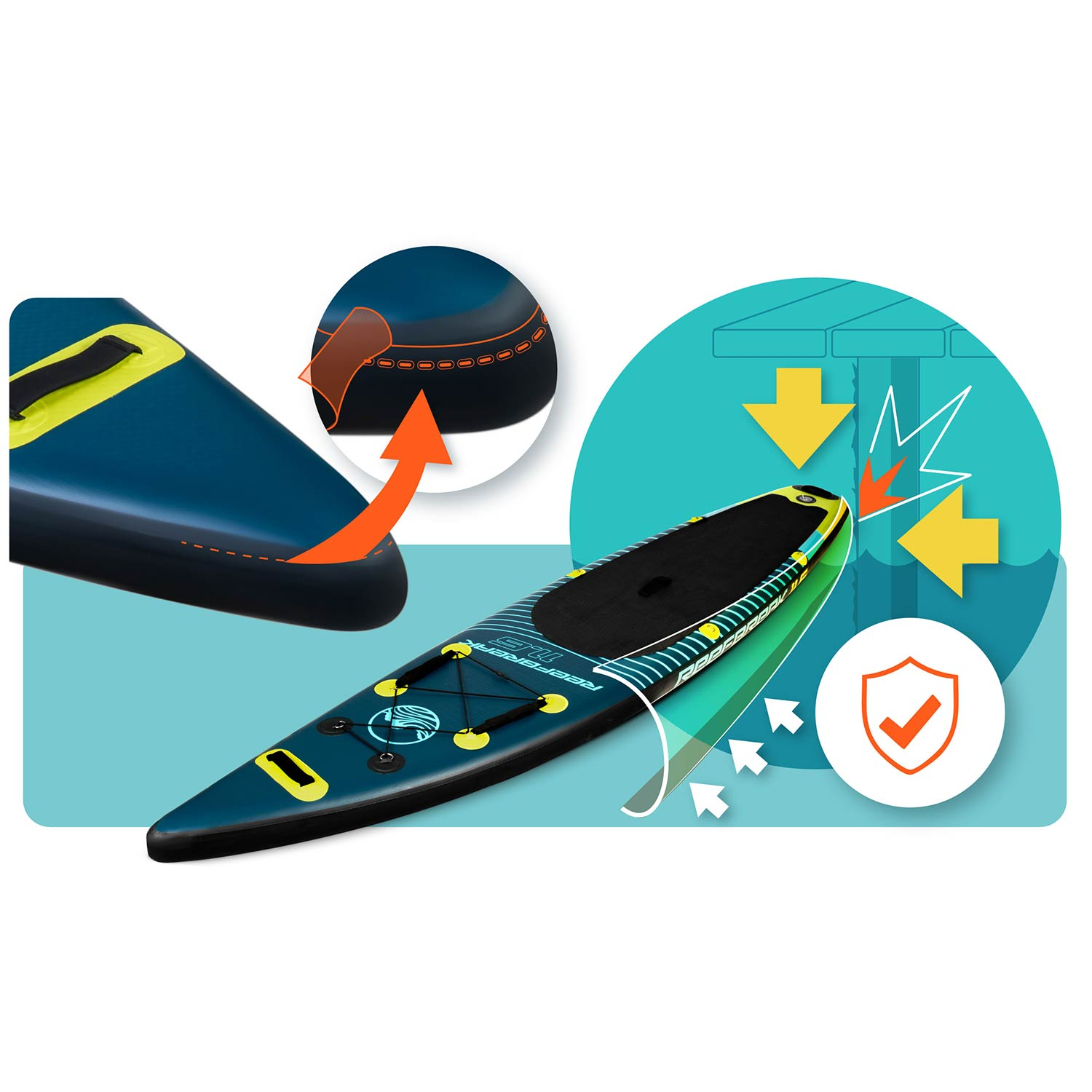 Niebieski paddleboard z żółtymi akcentami i linkami bungee, ilustrujący wytrzymałość.