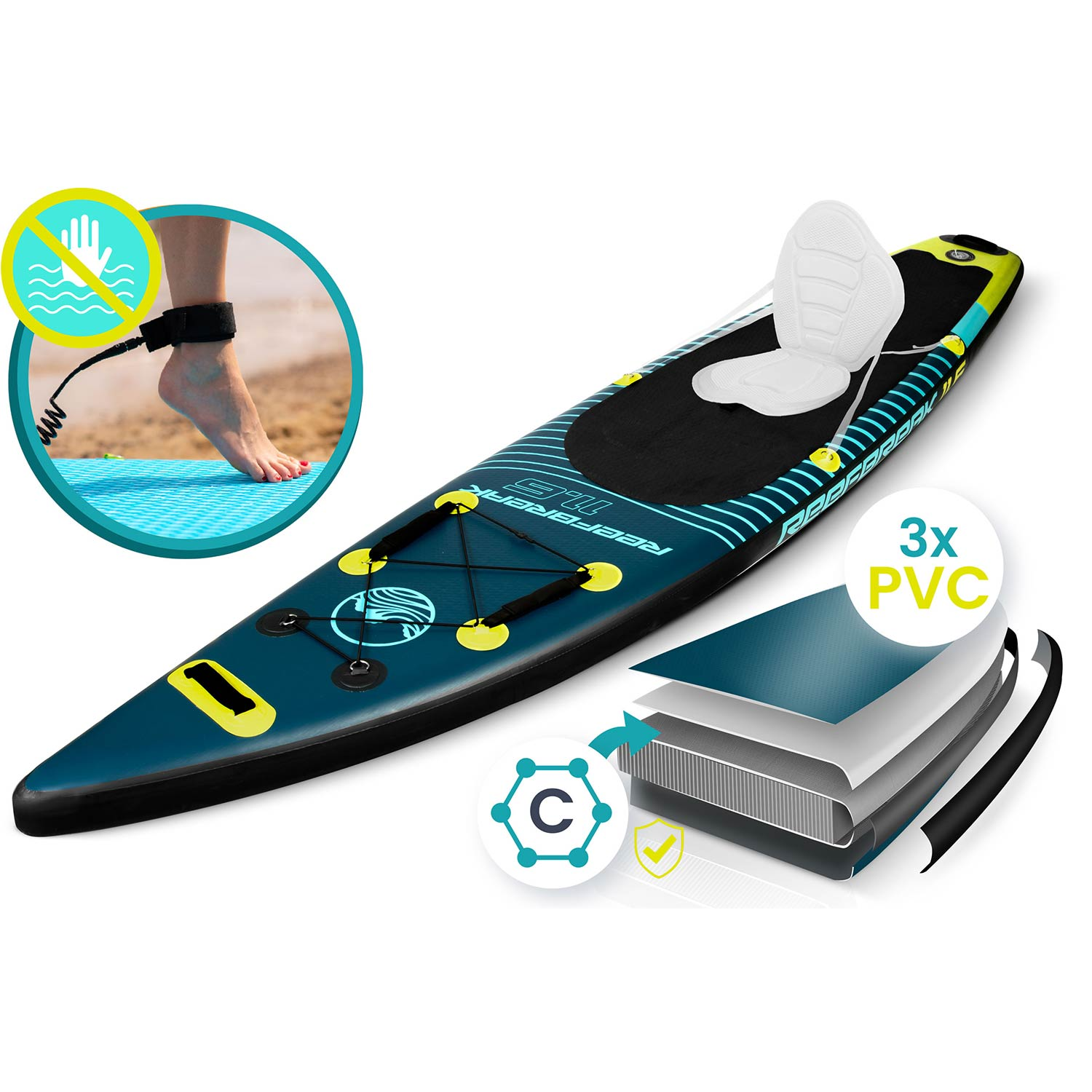 Niebieski paddleboard z białym siedziskiem, smyczą i grafiką 3x PVC.
