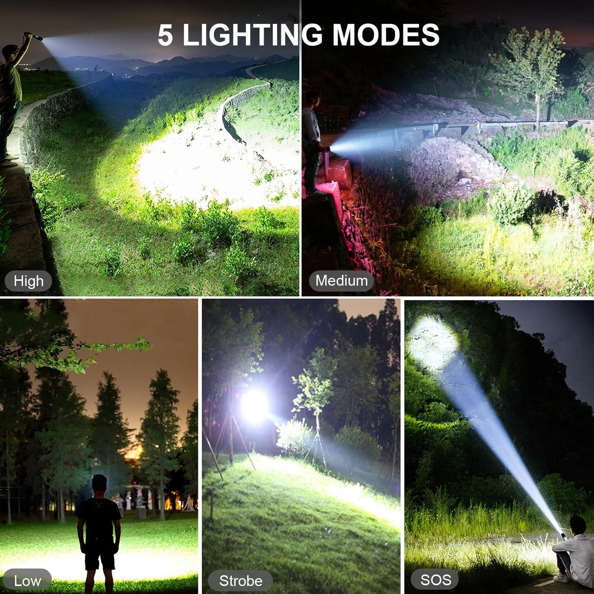 Fünf Lichtmodi: Hoch, Mittel, Niedrig, Stroboskop und SOS.