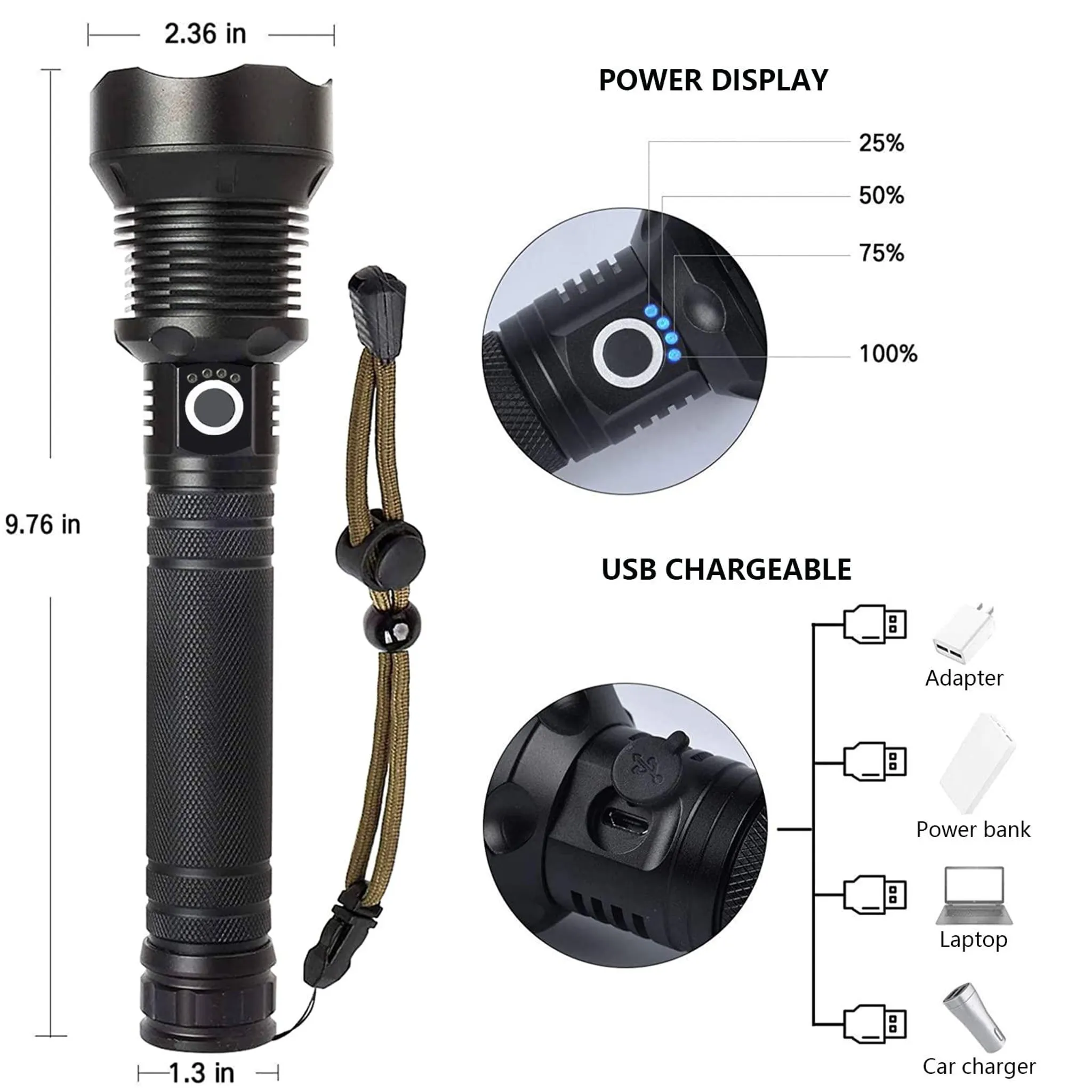 Schwarze Taschenlampe mit Ladeanzeige und USB-Lademöglichkeit.
