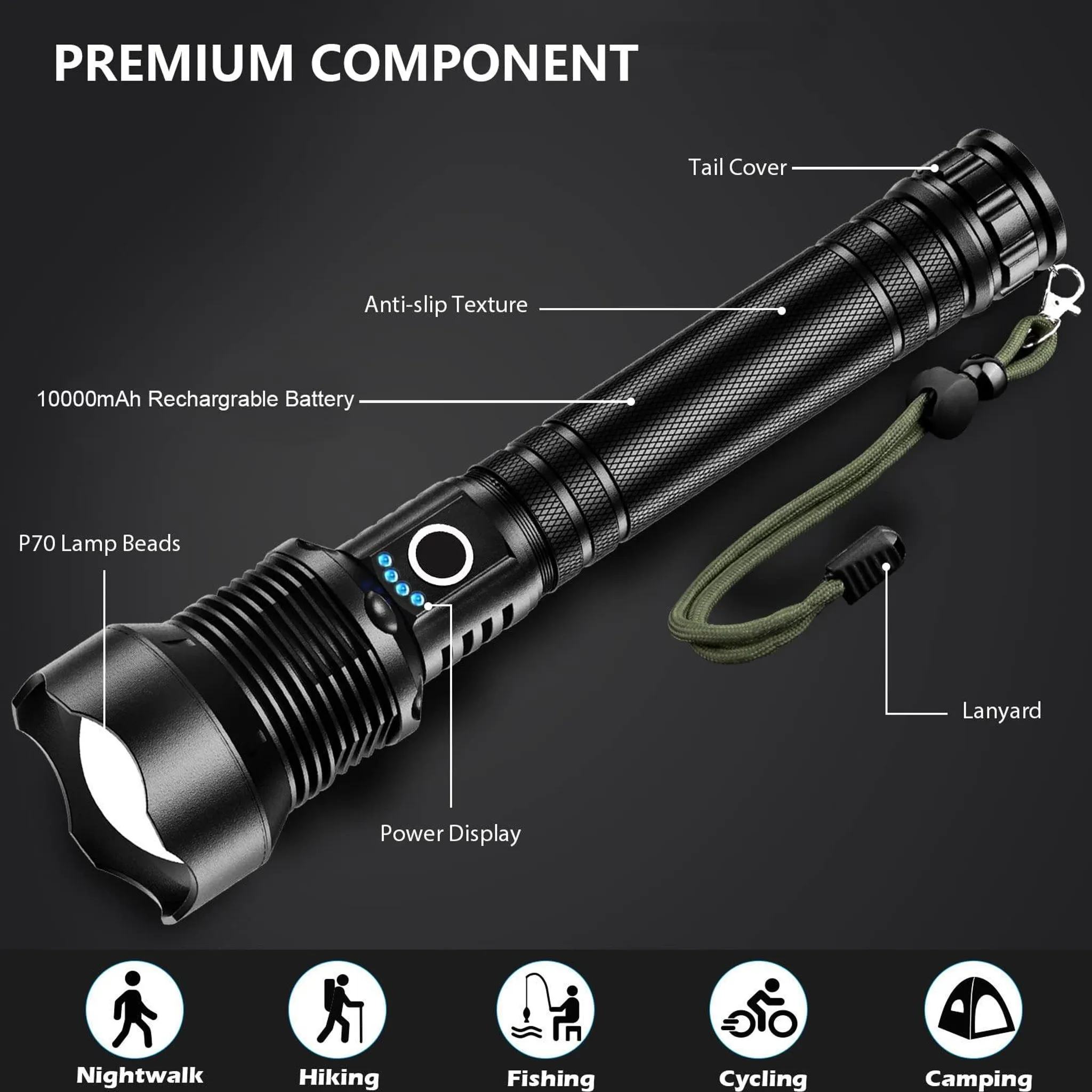 Schwarze taktische Taschenlampe mit P70-LEDs, 10000-mAh-Akku, Textur und Lanyard.