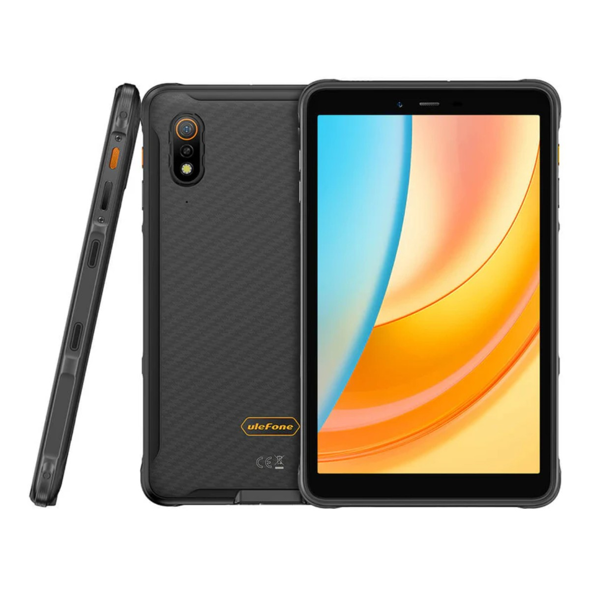 Smartphone robusto con retro nero testurizzato, fotocamera e schermo luminoso.