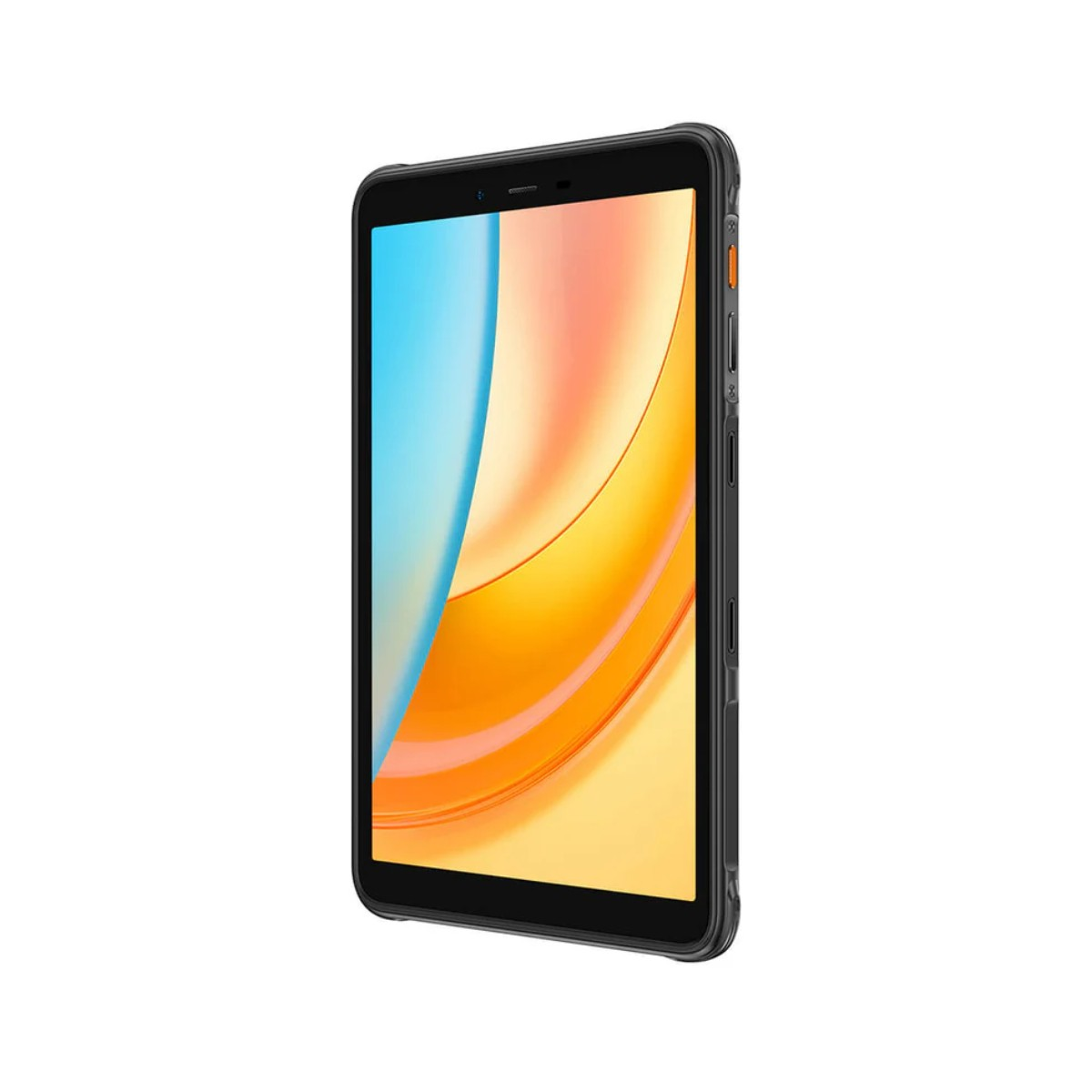 Un tablet nero con schermo colorato, mostrato di 3/4.