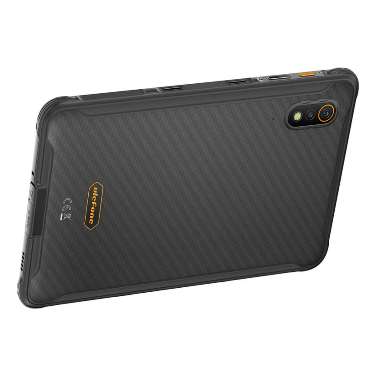 Retro di uno smartphone nero robusto con motivo in carbonio e fotocamera.