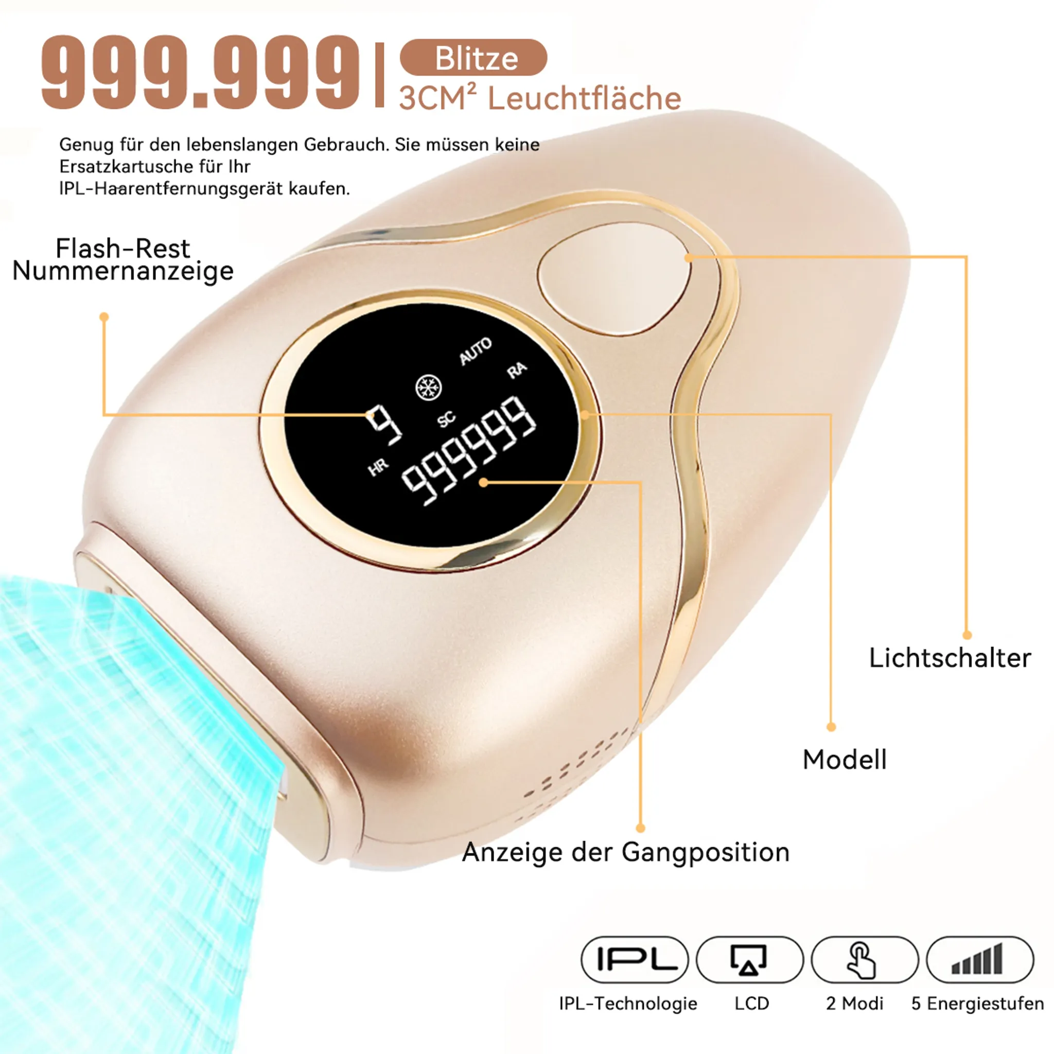 Goldenes IPL-Haarentfernungsgerät mit digitaler Anzeige, das 999.999 Blitze anzeigt.
