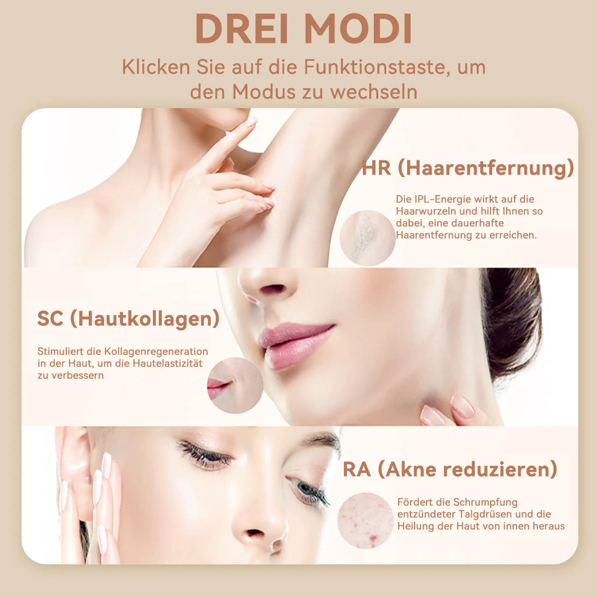 Drei Modi zur Hautpflege: Haarentfernung, Kollagenstimulation und Aknebehandlung.