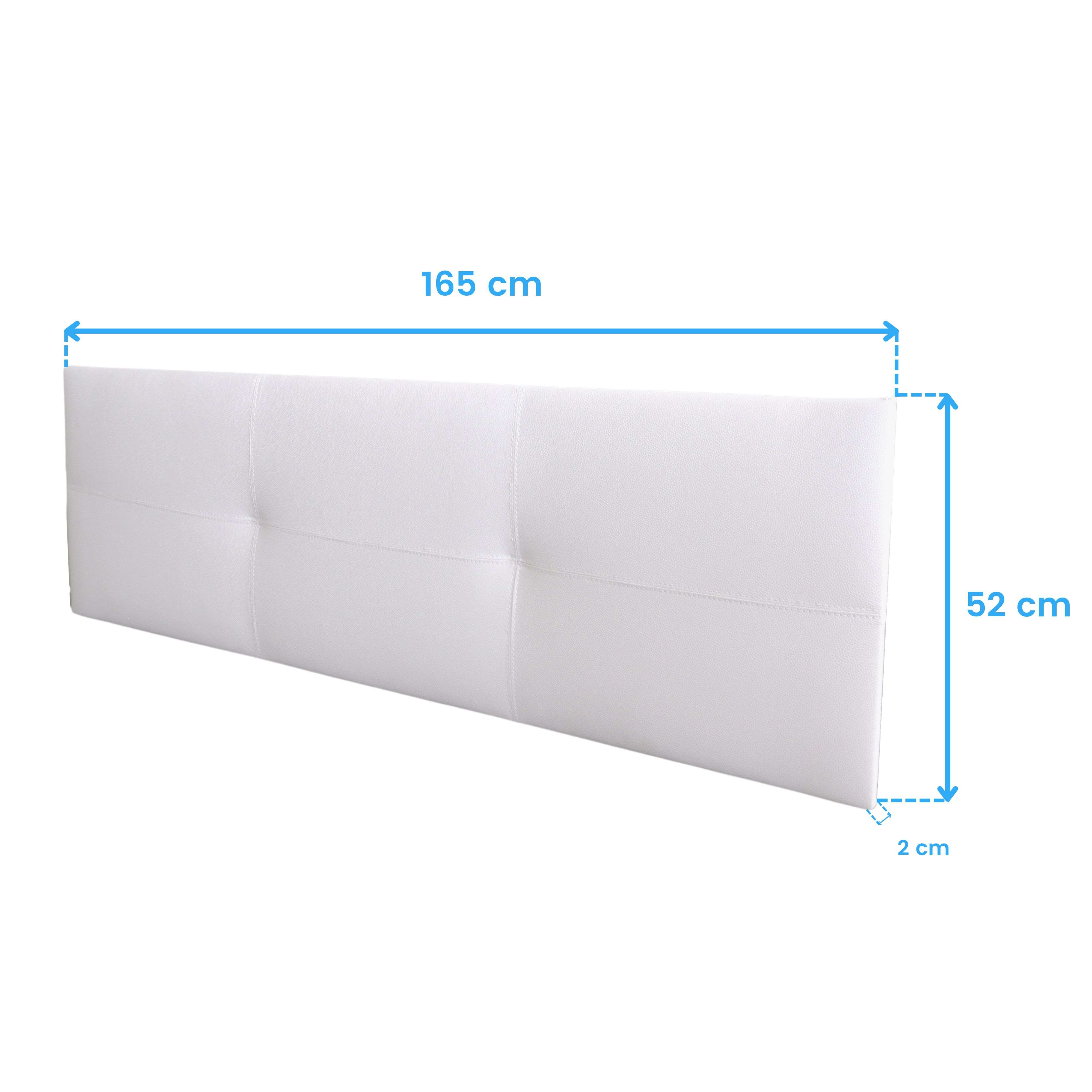 Un cabecero blanco con costuras, mide 165 cm de ancho y 52 cm de alto.