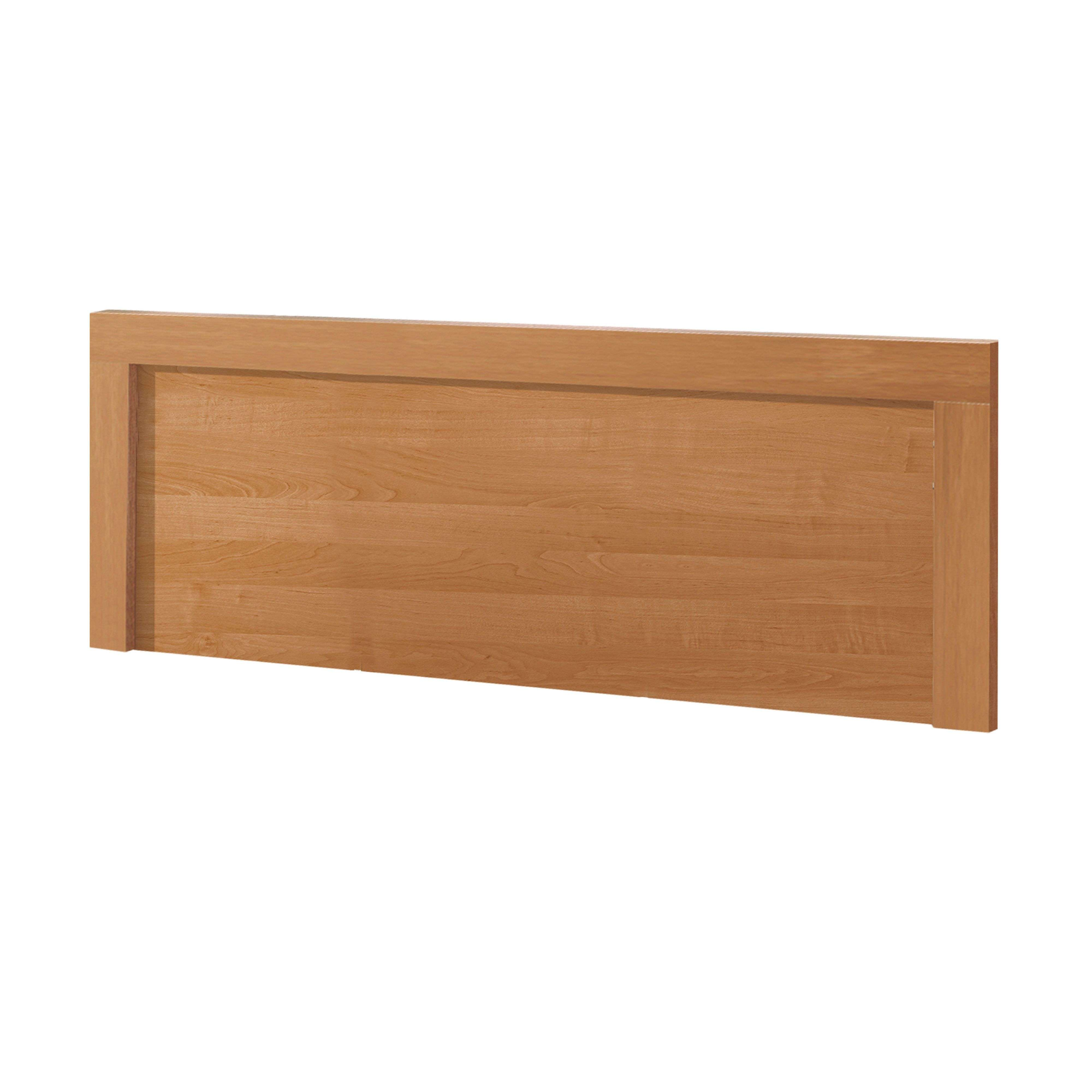 Un panel de madera marrón claro con vetas más oscuras y un marco estrecho.