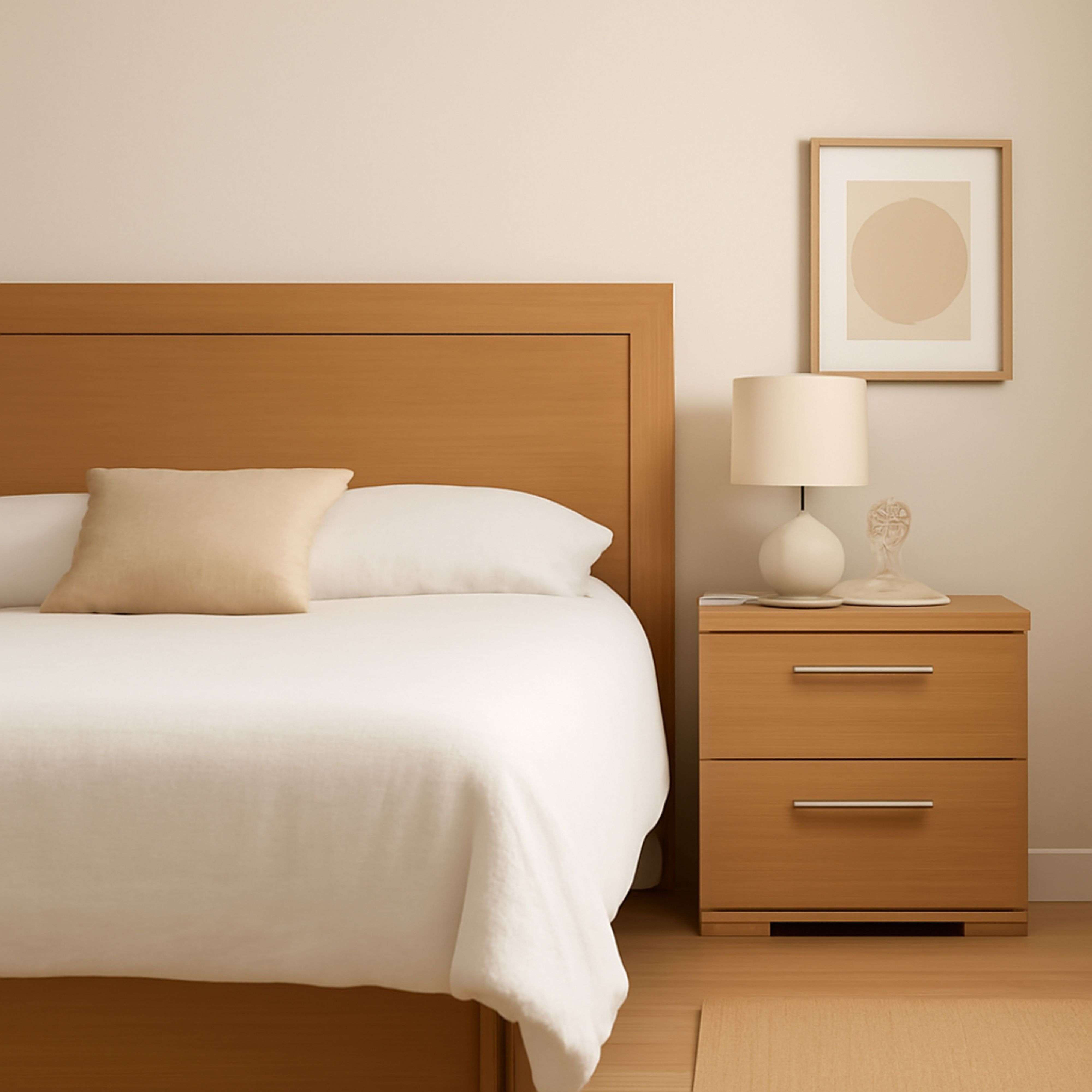 Cama de madera con sábanas blancas y una almohada, mesita de noche con lámpara.