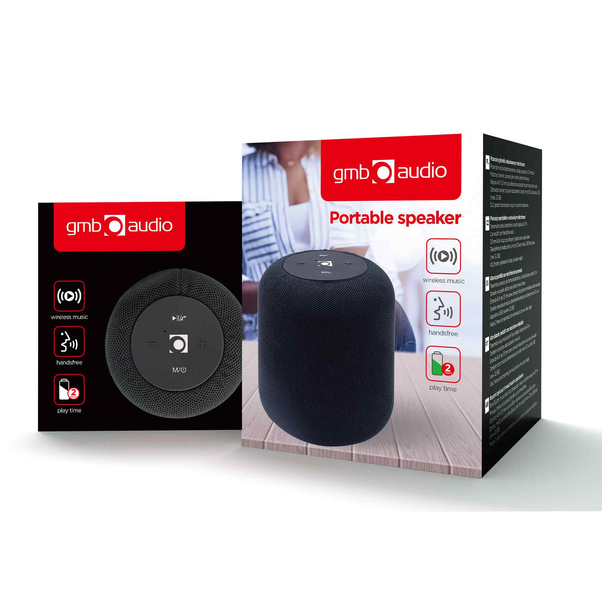 Czarny przenośny głośnik z logo GMB Audio, muzyką bezprzewodową i funkcją głośnomówiącą.