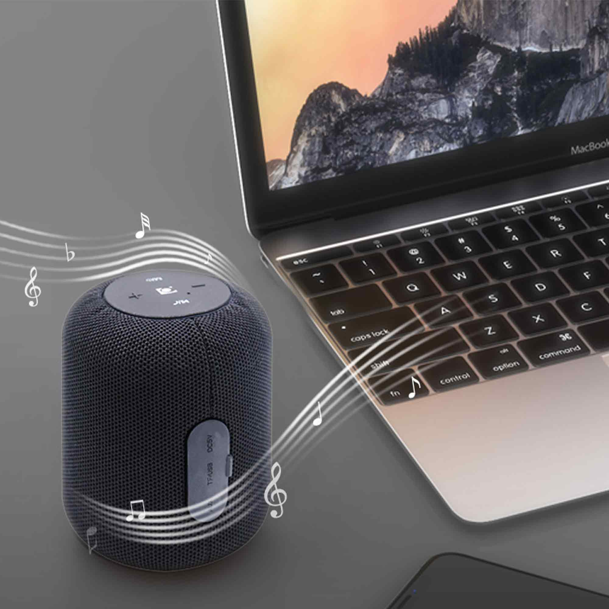 Czarny głośnik obok laptopa z krajobrazem górskim na ekranie.