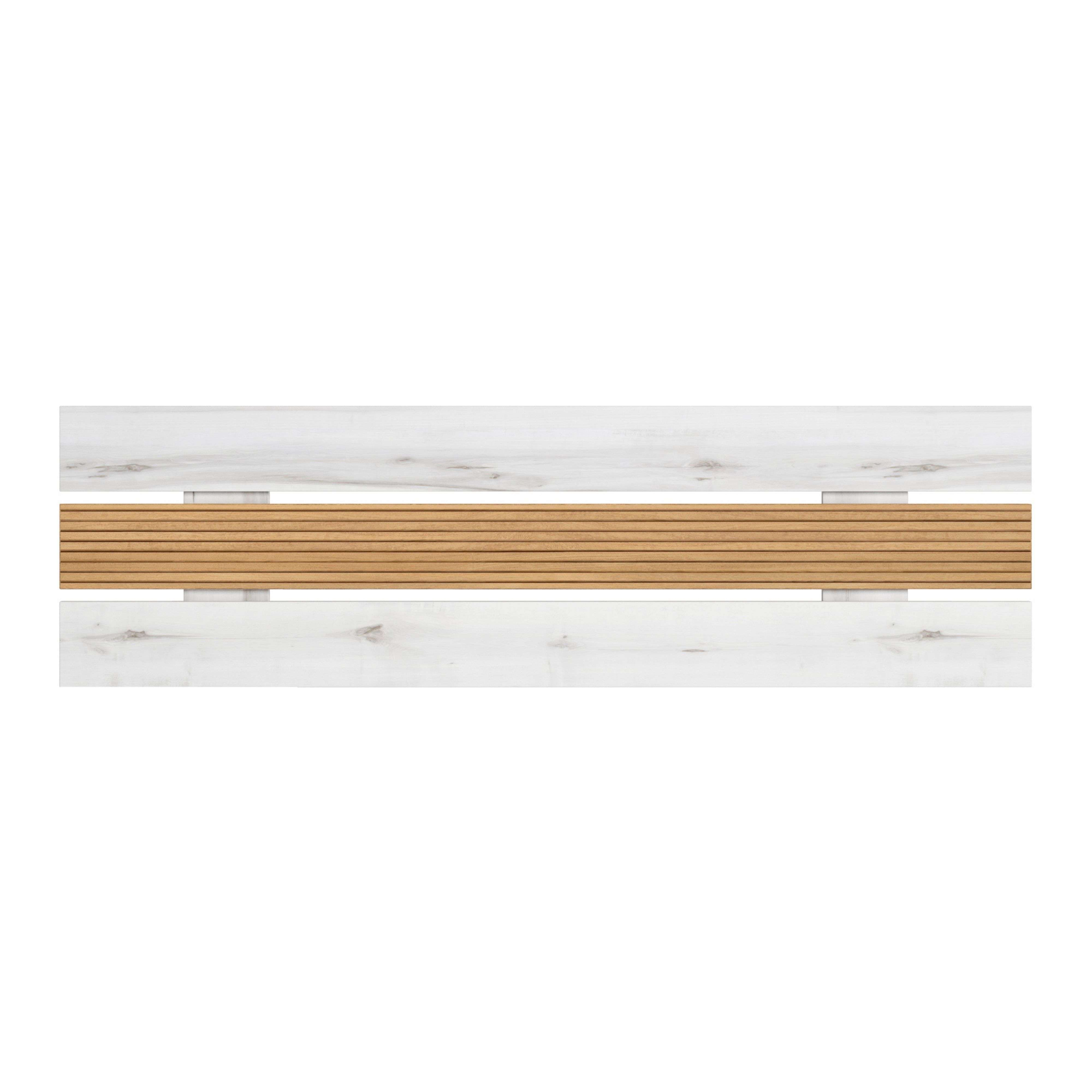 Una tira horizontal de material de efecto madera clara con listones marrones en el centro.