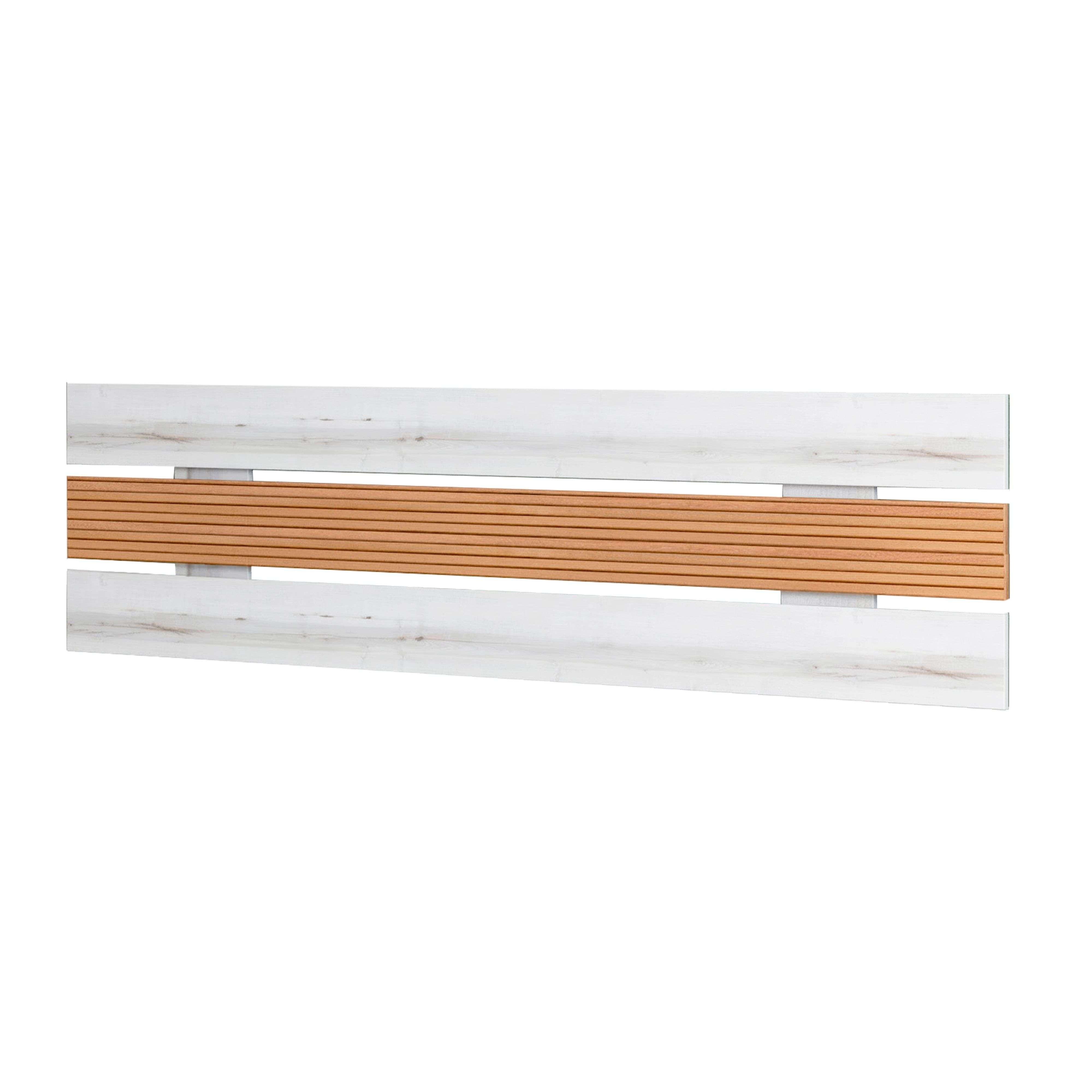 Un panel horizontal con aspecto de madera blanca y una franja central de listones de madera marrón.