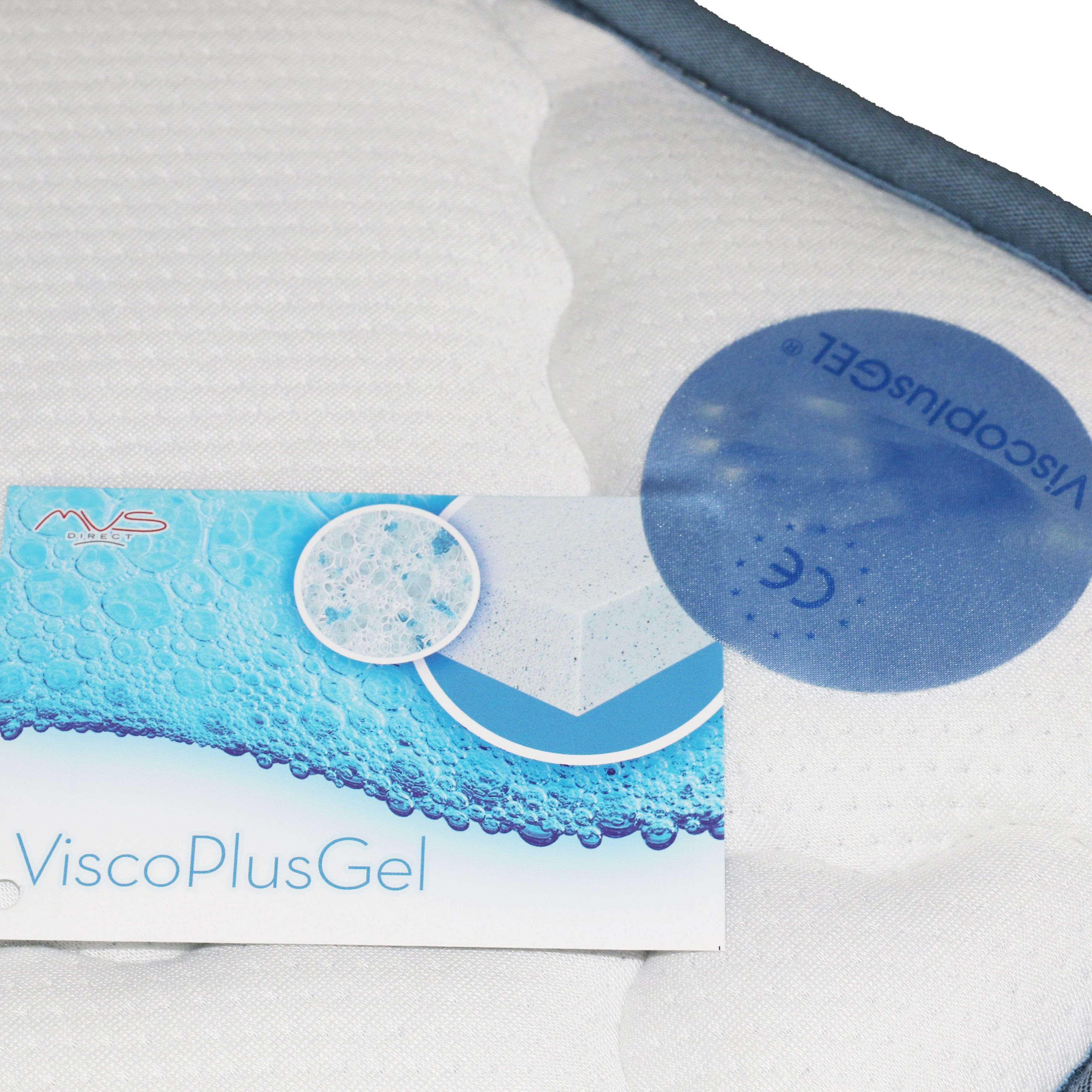 Etiqueta ViscoPlusGel en un colchón blanco acolchado con borde azul.