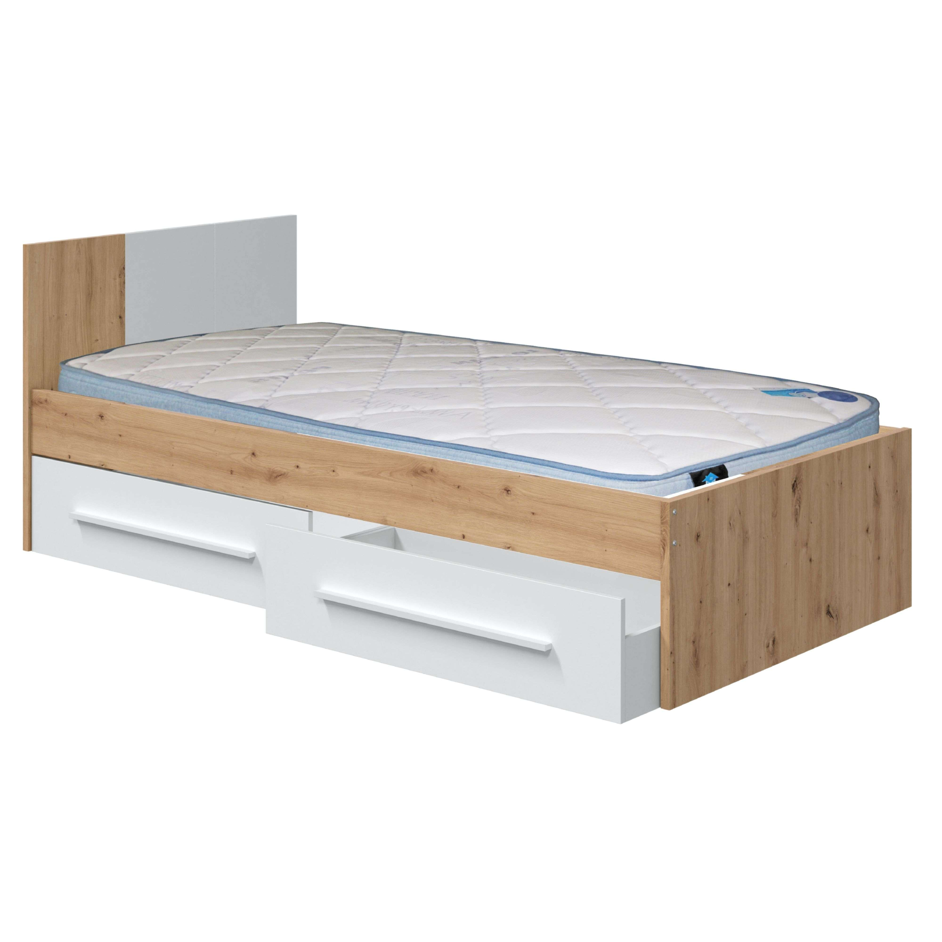 Estructura de cama efecto madera con cajones blancos y colchón.