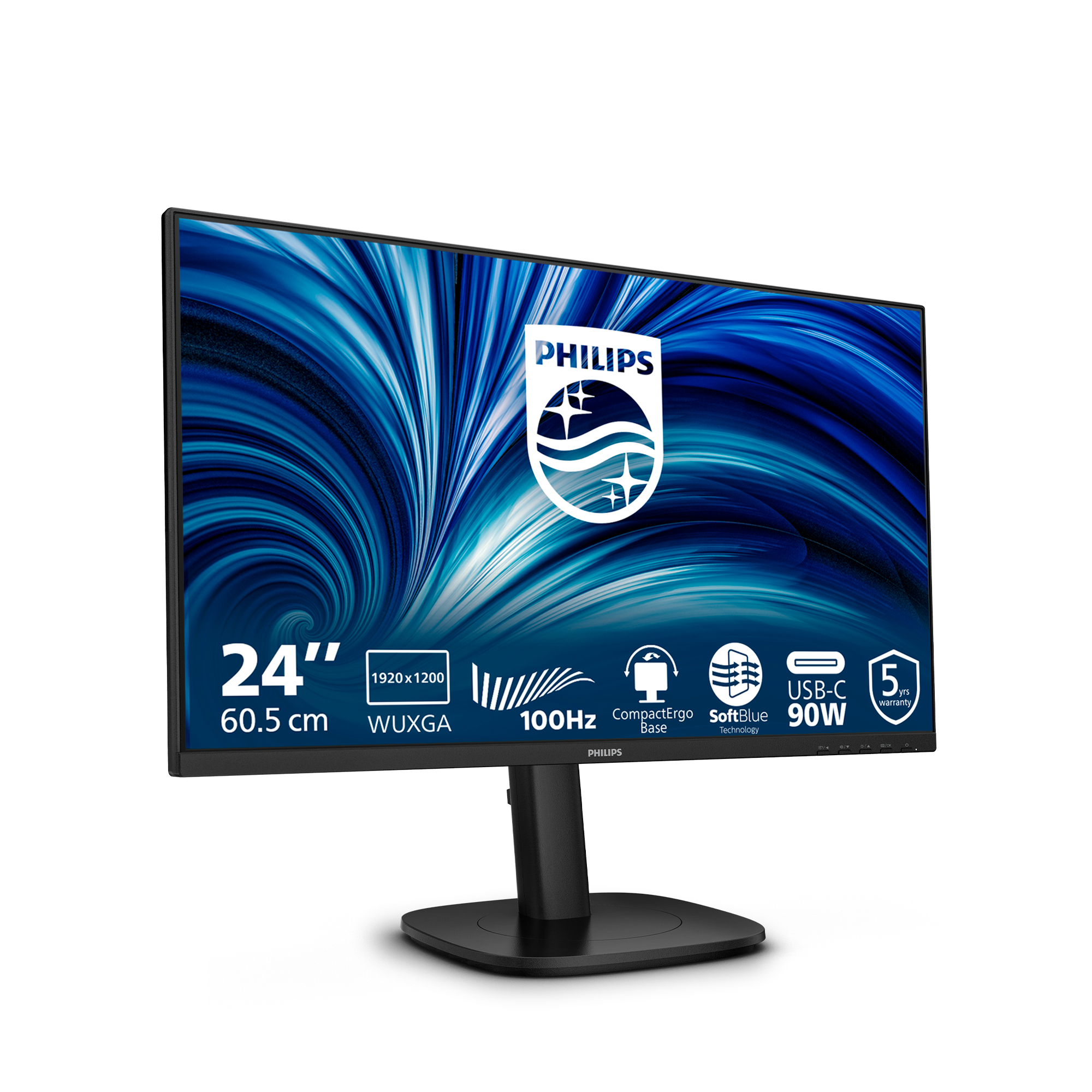 Czarny 24-calowy monitor Philips z WUXGA, 100Hz, USB-C i 5-letnią gwarancją.