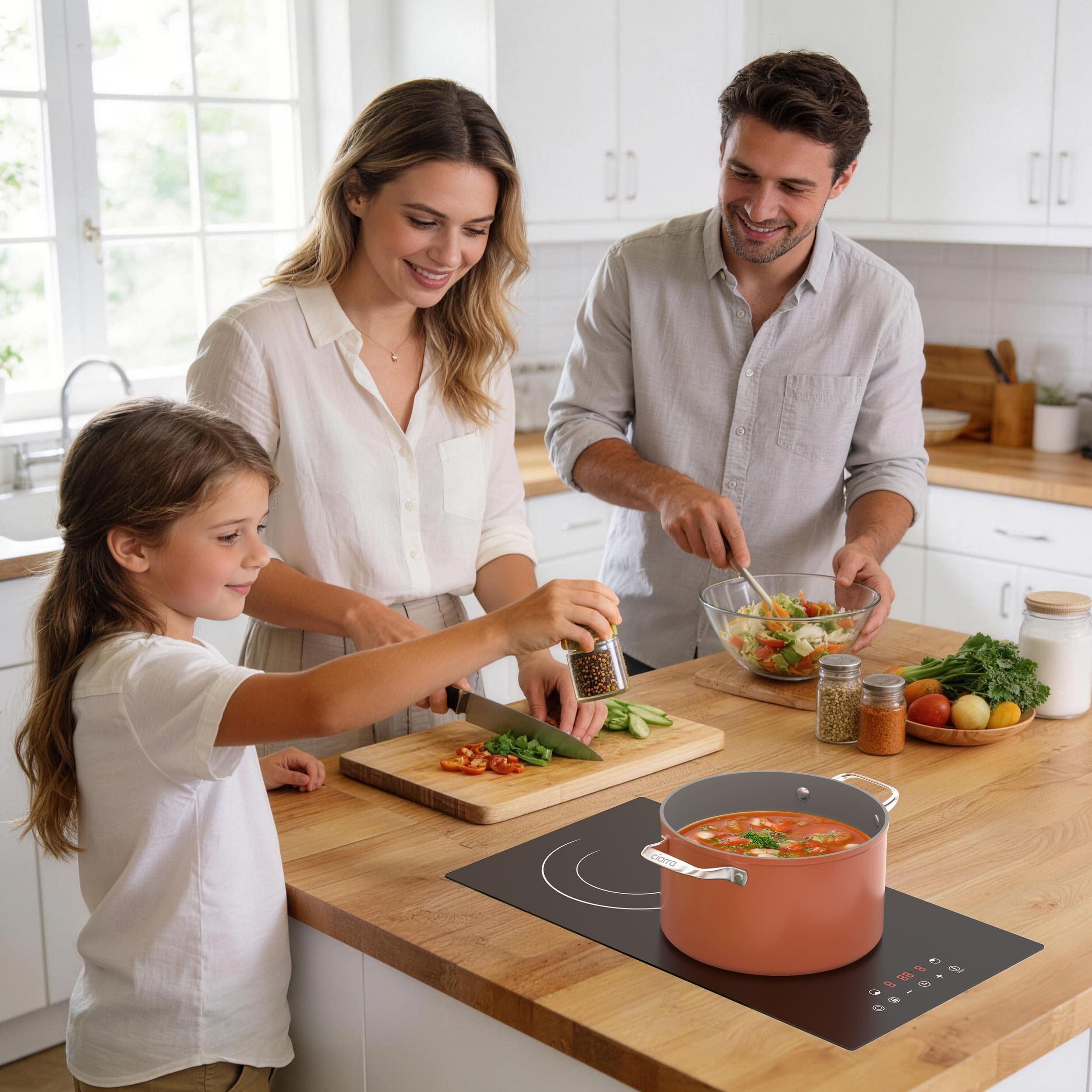 Famille cuisinant ensemble dans une cuisine lumineuse. Homme remue salade, femme coupe.
