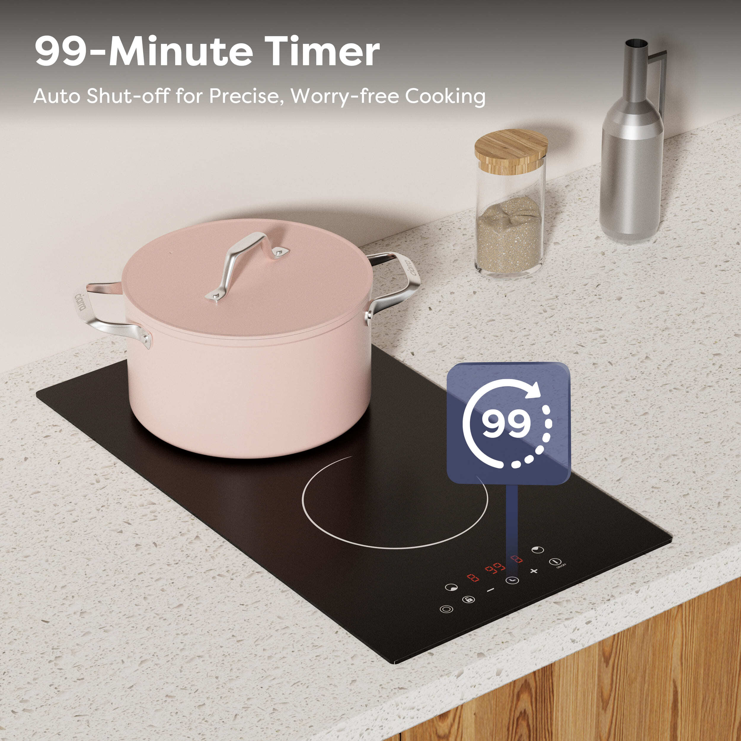 Une cocotte rose sur une plaque à induction noire affichant un minuteur.