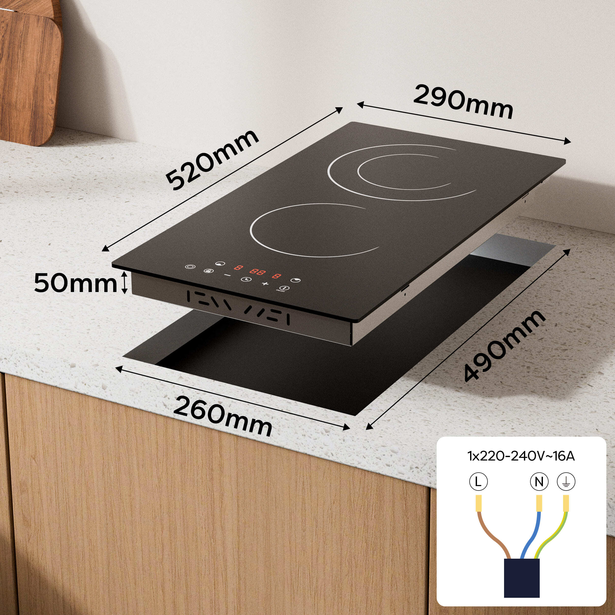Plaque à induction intégrée avec deux zones de cuisson sur un plan de travail.