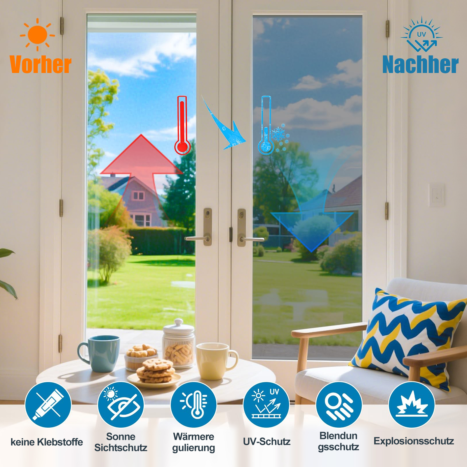 Vorher/Nachher Vergleich: Fensterfolie reduziert Hitze, UV und blendet.