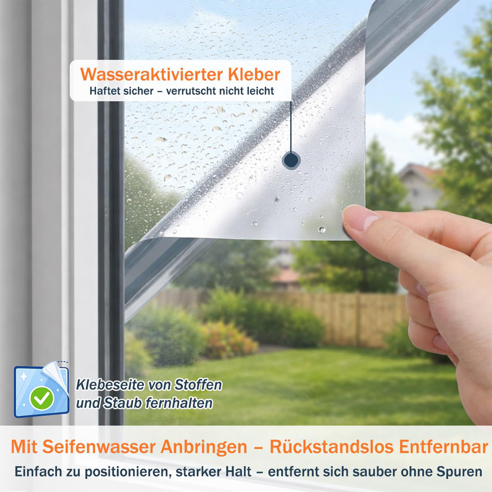 Hand bringt Fensterfolie an. Wasseraktivierter Kleber. Draußen ist ein Garten zu sehen.