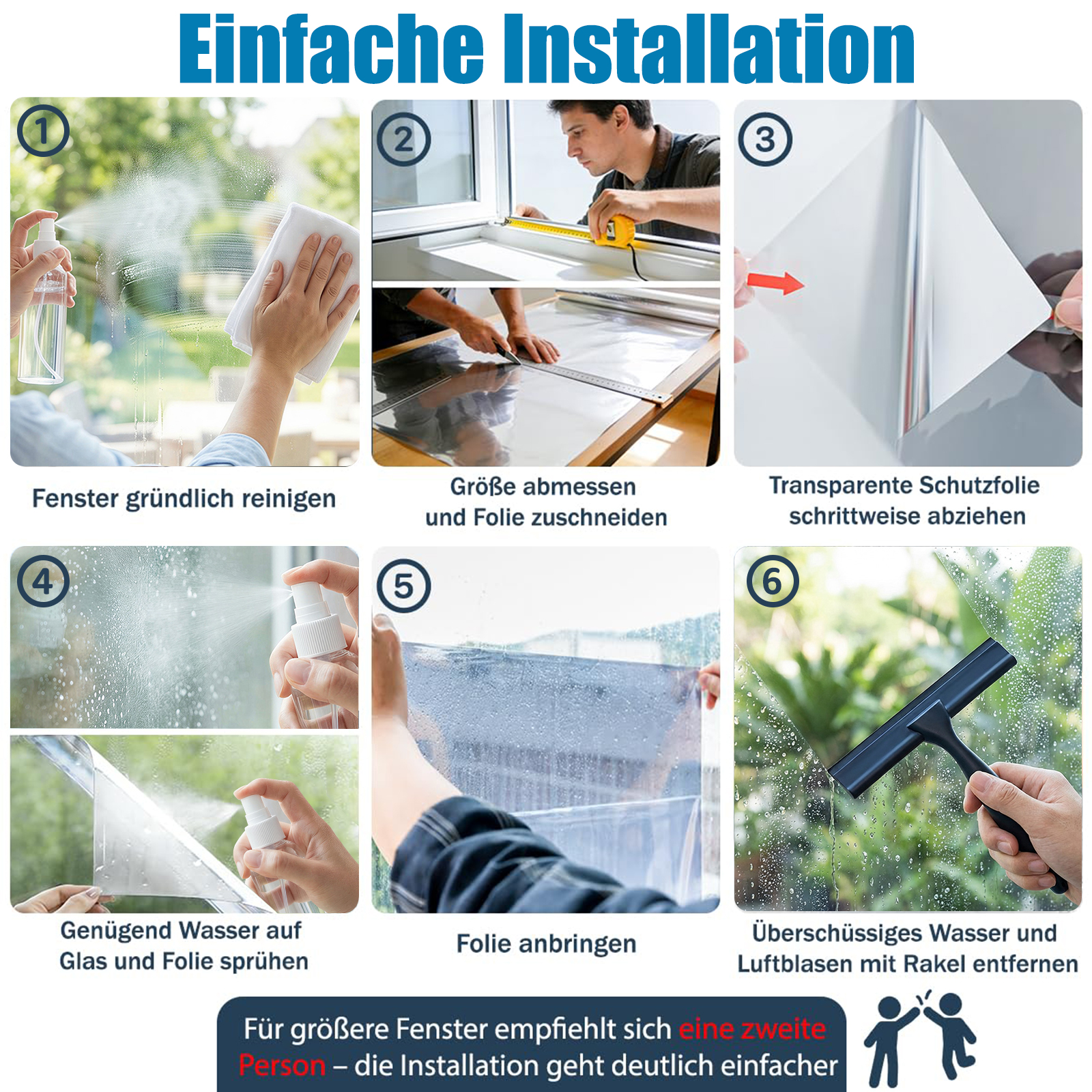 Schritt-für-Schritt-Anleitung zur Fensterfolien-Installation: Reinigen, Messen, Zuschneiden, Anbringen, Glätten.