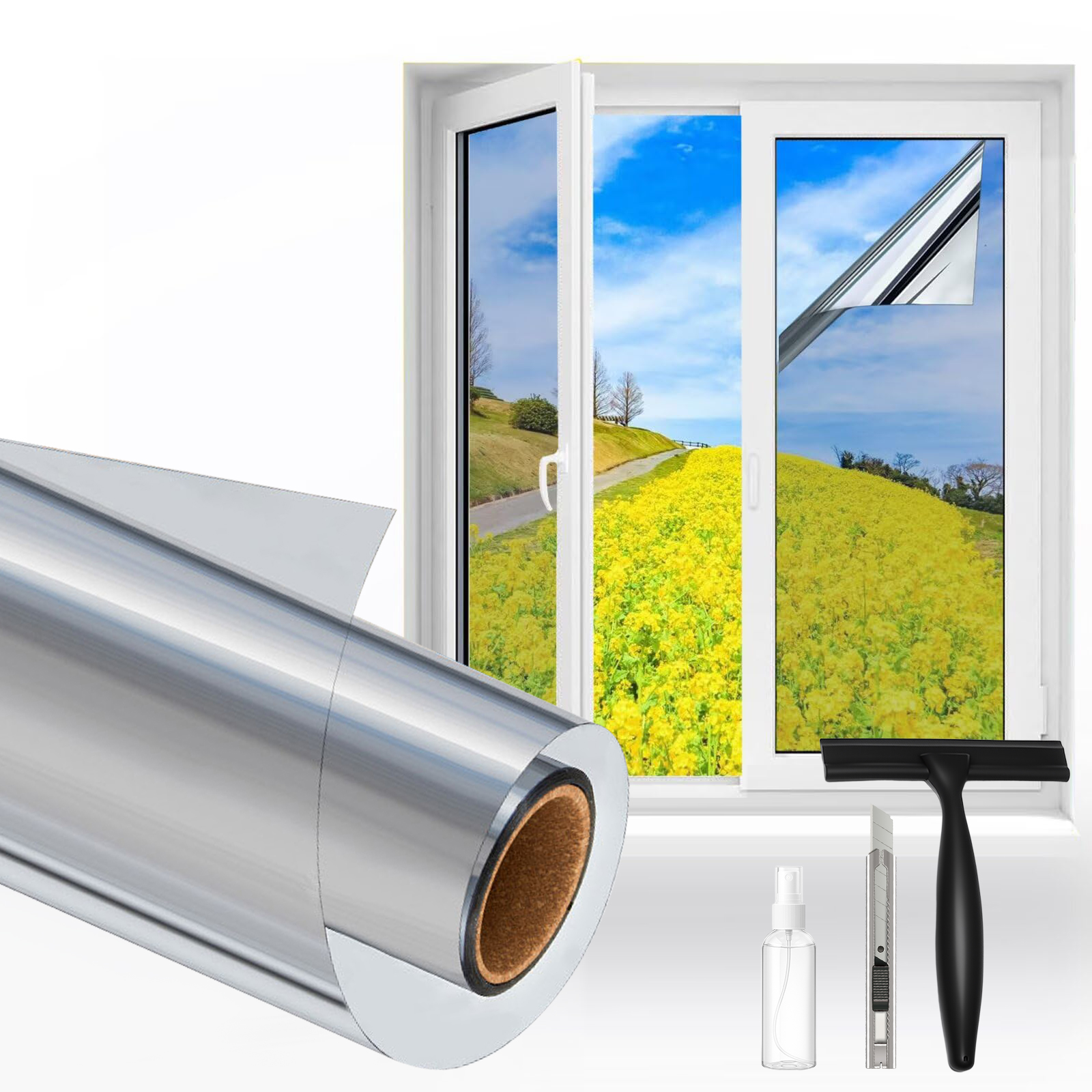 Fensterfolie, Sprühflasche, Cutter und Abzieher vor einem Fenster mit gelbem Rapsfeld.