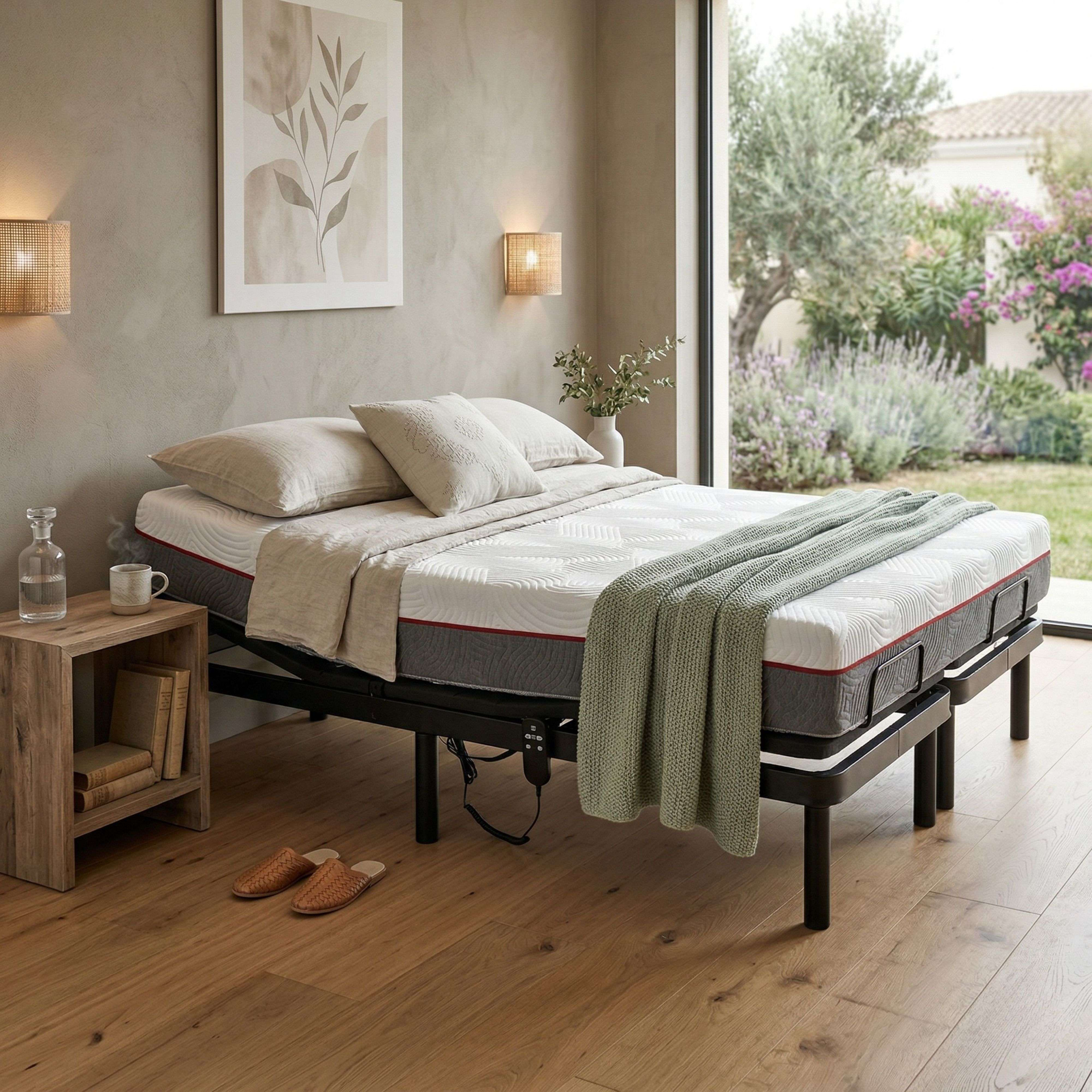 Una cama con marco ajustable, almohadas, manta y mesita de noche junto a una ventana con vista al jardín.