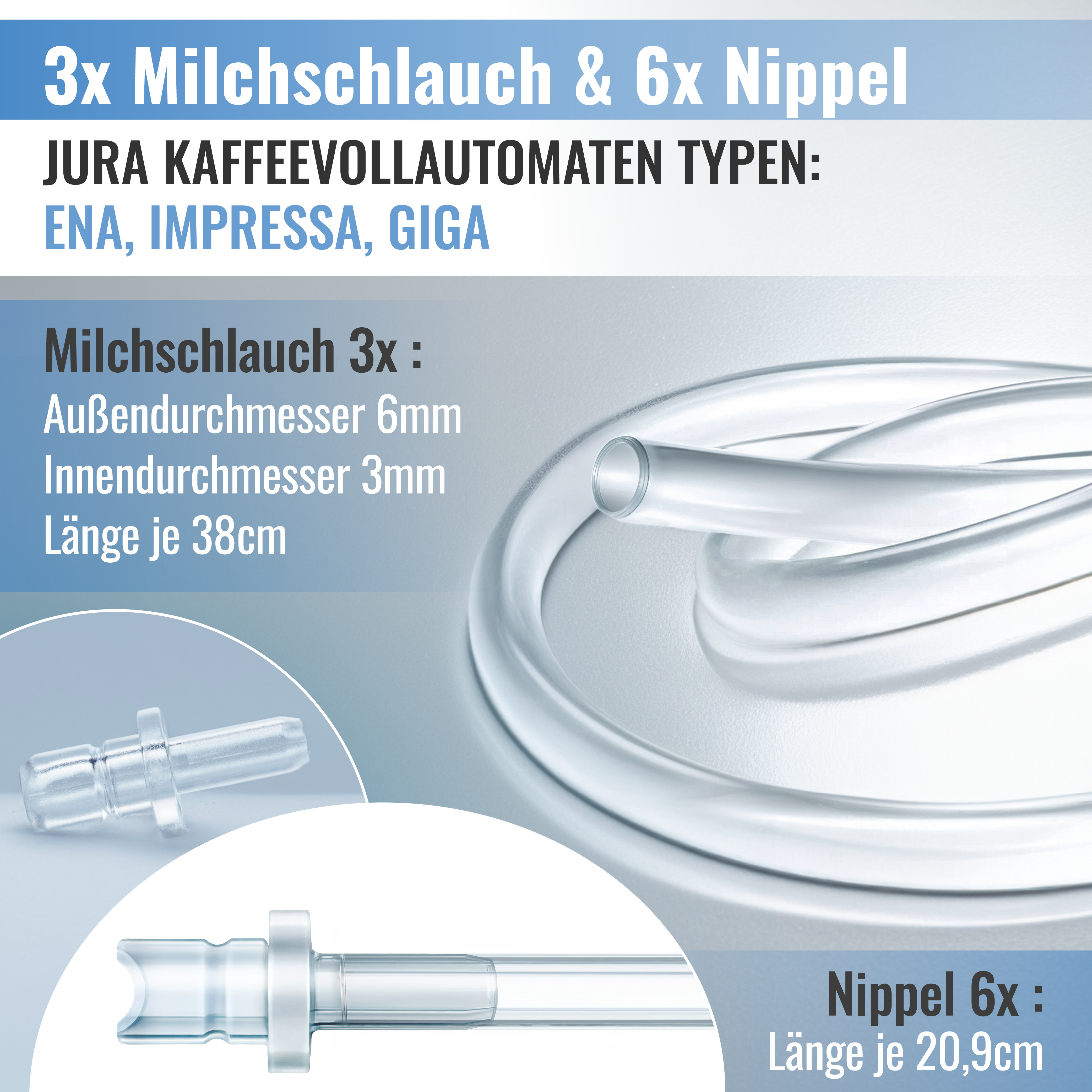 3x Milchschlauch & 6x Nippel für Jura Kaffeemaschinen. Maße angegeben.