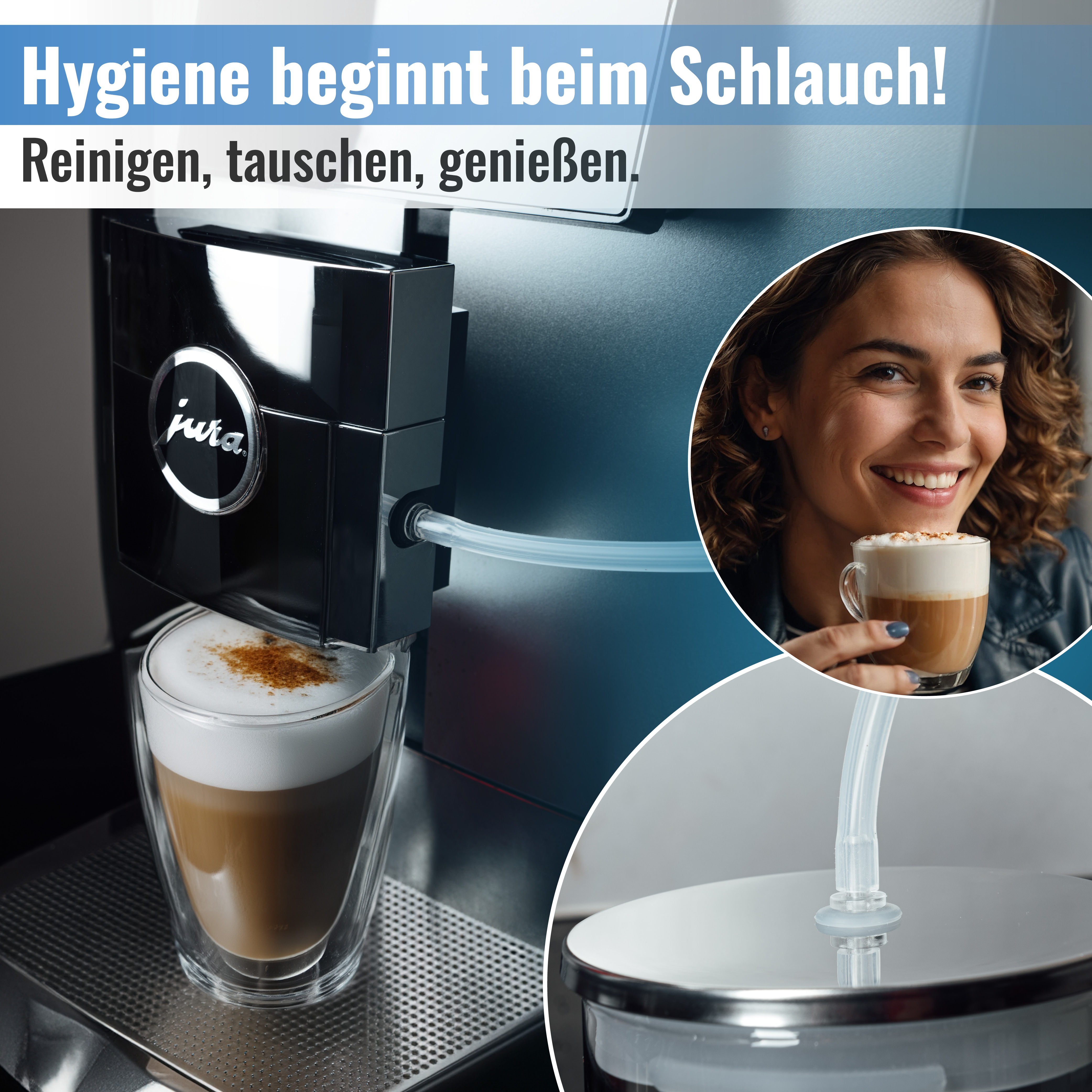 Kaffeemaschine mit Cappuccino-Glas, Frau mit Kaffee, Schlauchanschluss.
