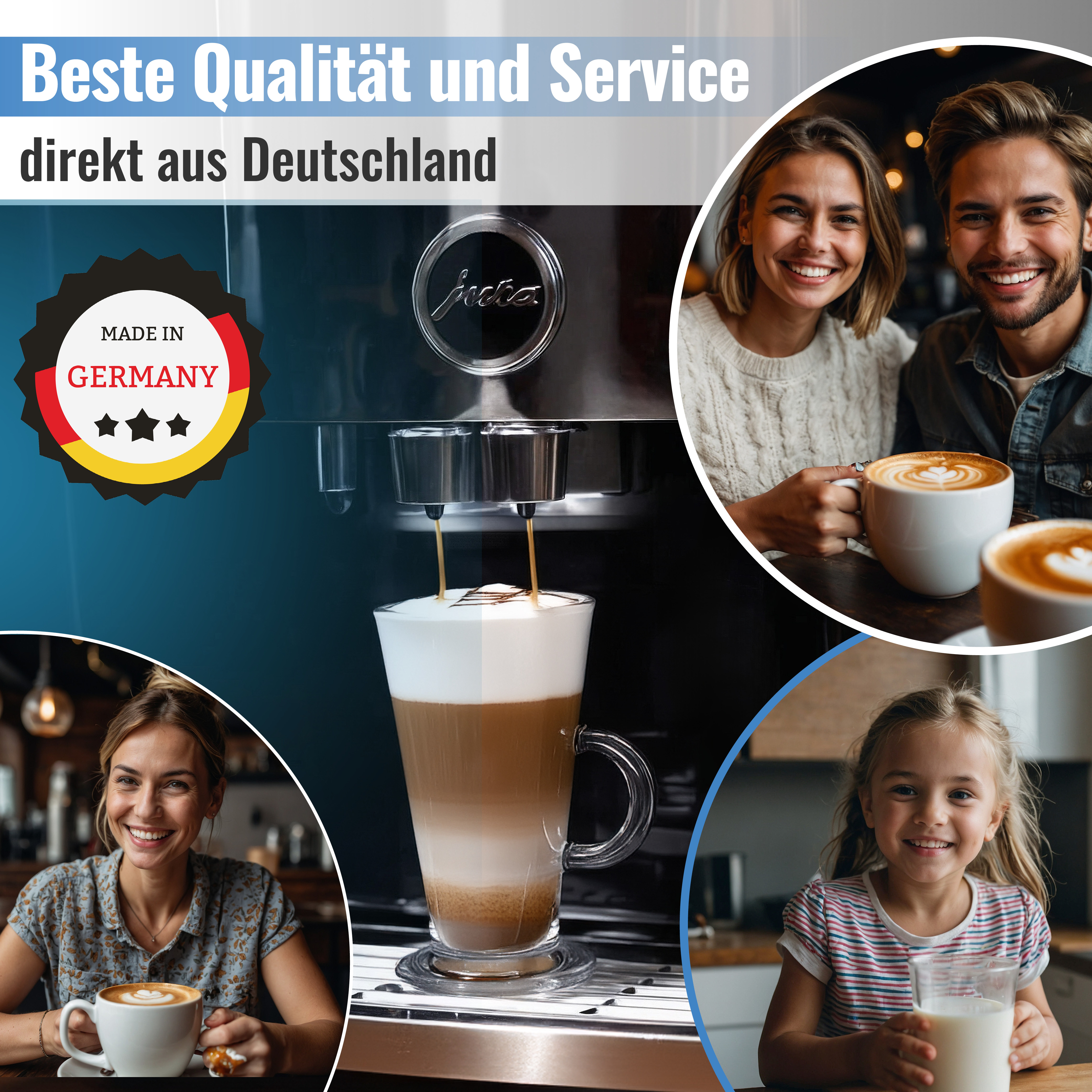 Kaffeemaschine mit „Made in Germany“-Siegel, lächelnde Menschen und Kaffee.