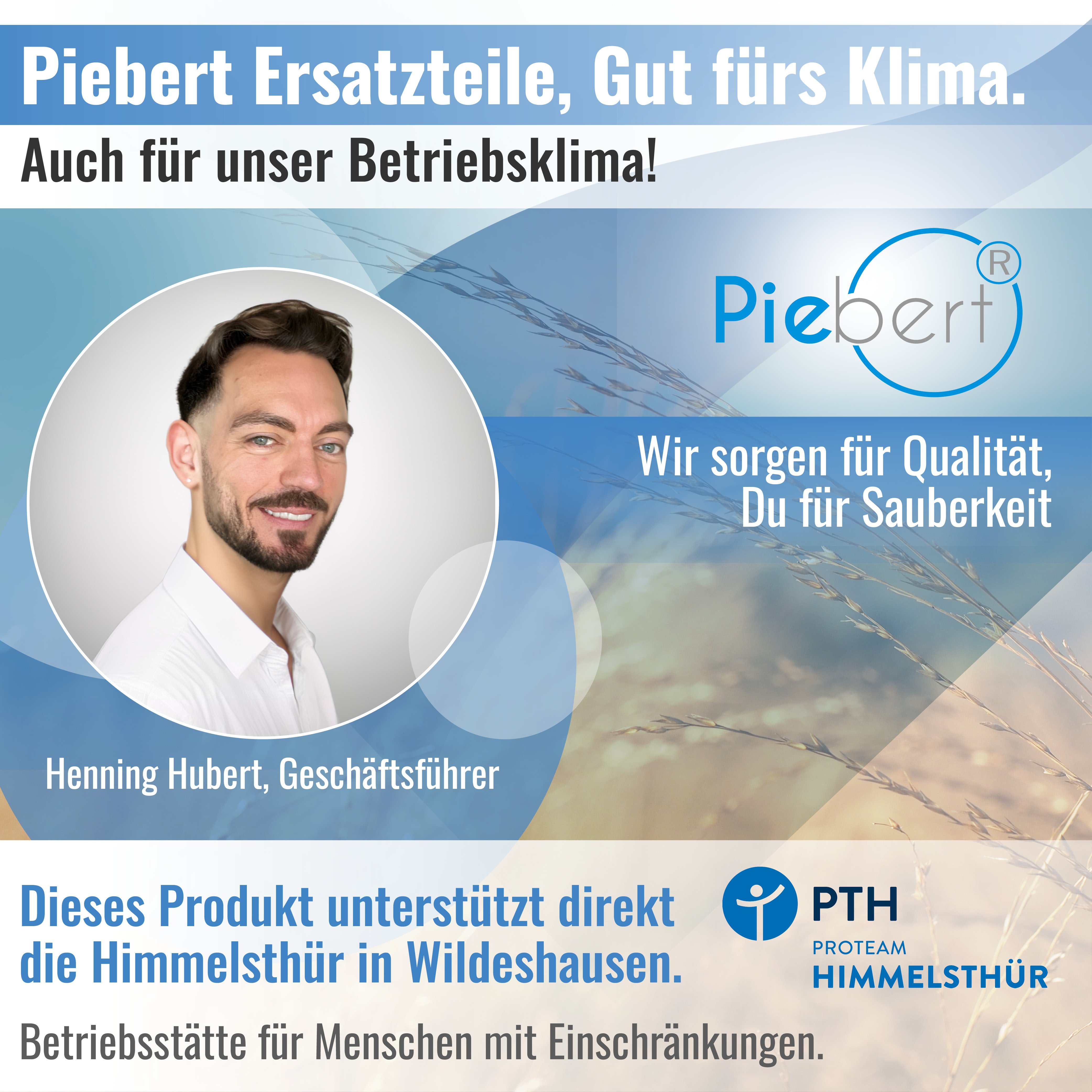 Henning Hubert, Geschäftsführer von Piebert, mit Logo und Slogan.