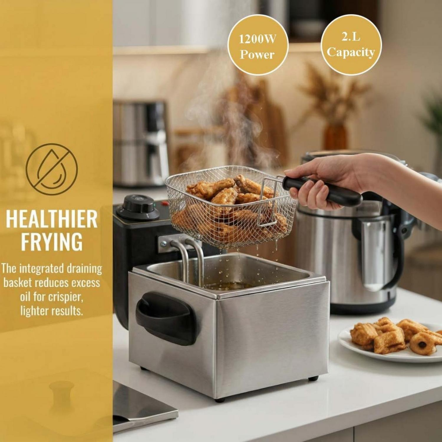 Eine Hand hebt einen Frittierkorb mit Hähnchenteilen aus einem silbernen Frittierer.