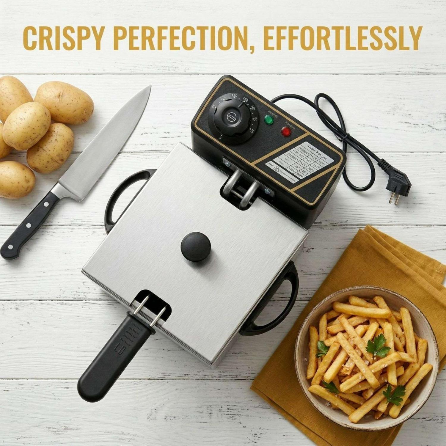 Ein Metallfrittierkorb mit Griffen, Kartoffeln, Messer und Pommes in einer Schüssel.